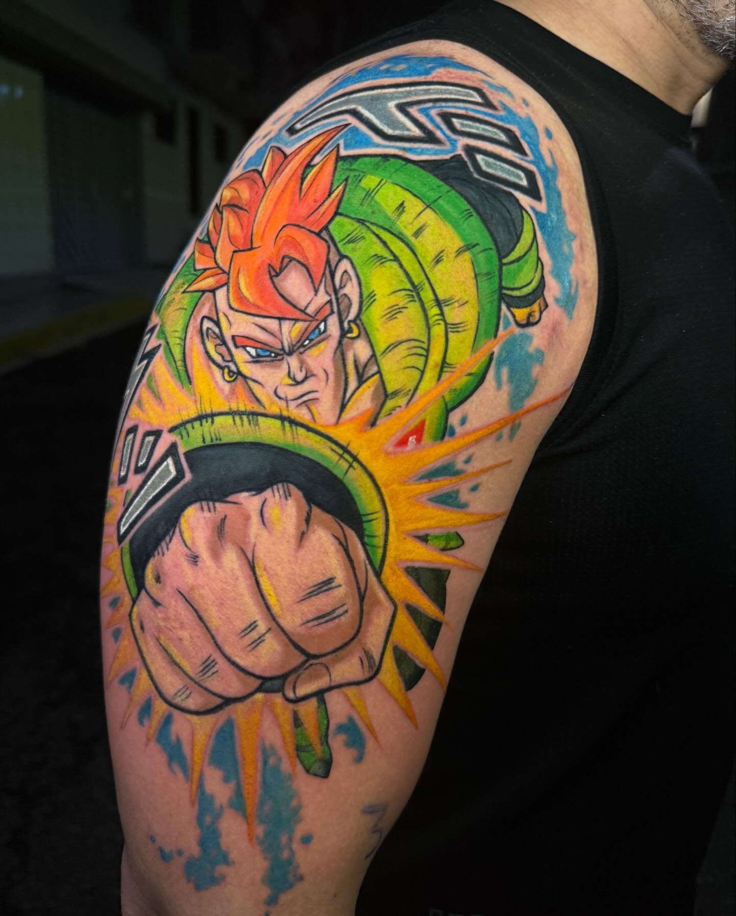 Broly anime tattoo on the upper arm by Tattoo Medellin