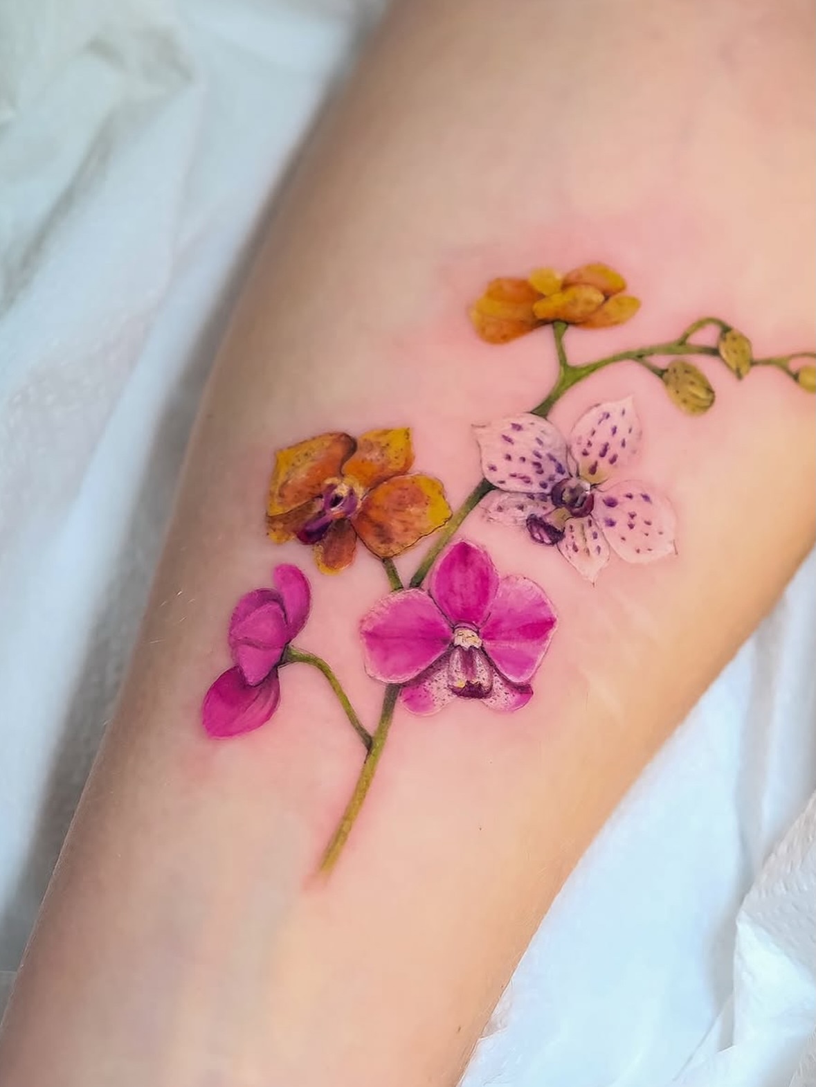 Orchids realism tattoo on the forearm by NAS