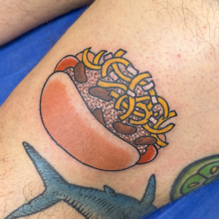 Hot dog American traditional tattoo on the thigh by Cincinnati Tattoo Artist, Cincinnati