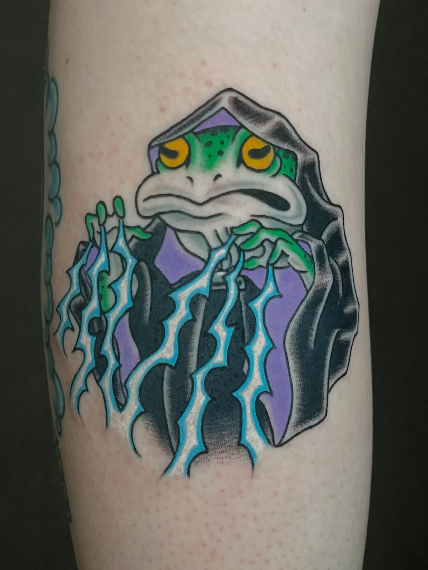 Frog new school tattoo on the forearm by Thad Collis