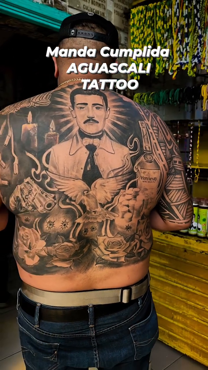 Man's portrait and candle realism tattoo by Aguascali Firme
