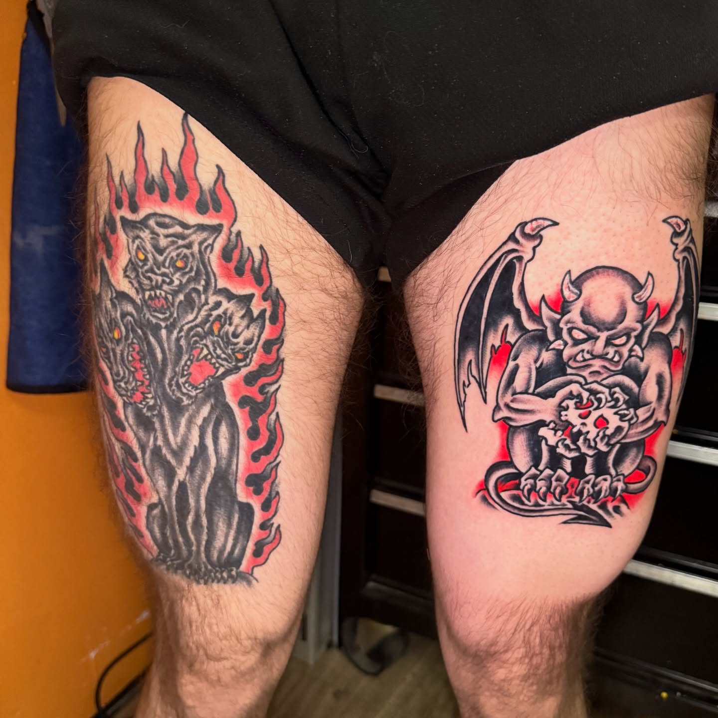 Demon American traditional tattoo on the thigh by Mike Dunn