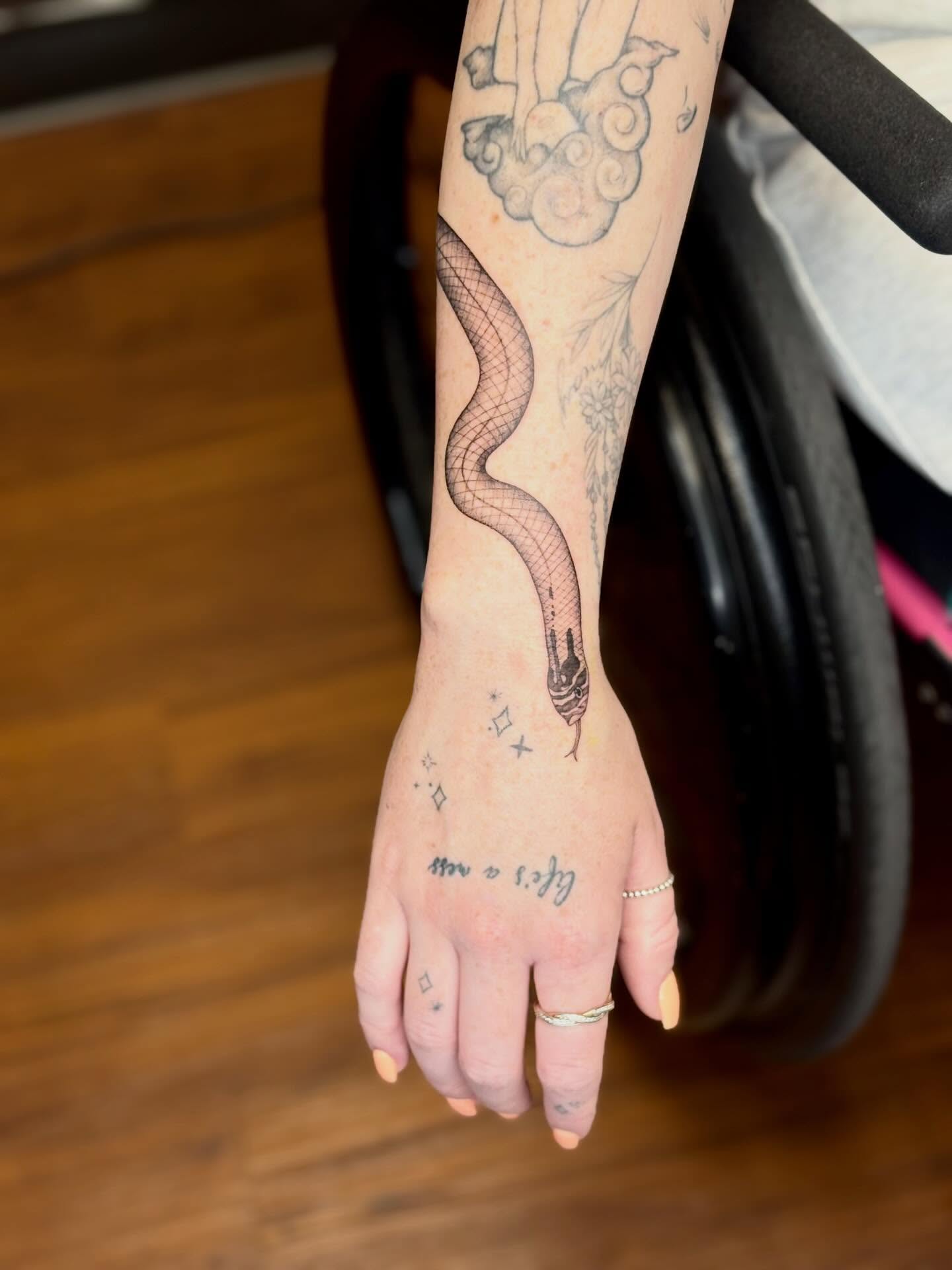 Snake black and grey tattoo on the forearm by 🖤Sidney🖤