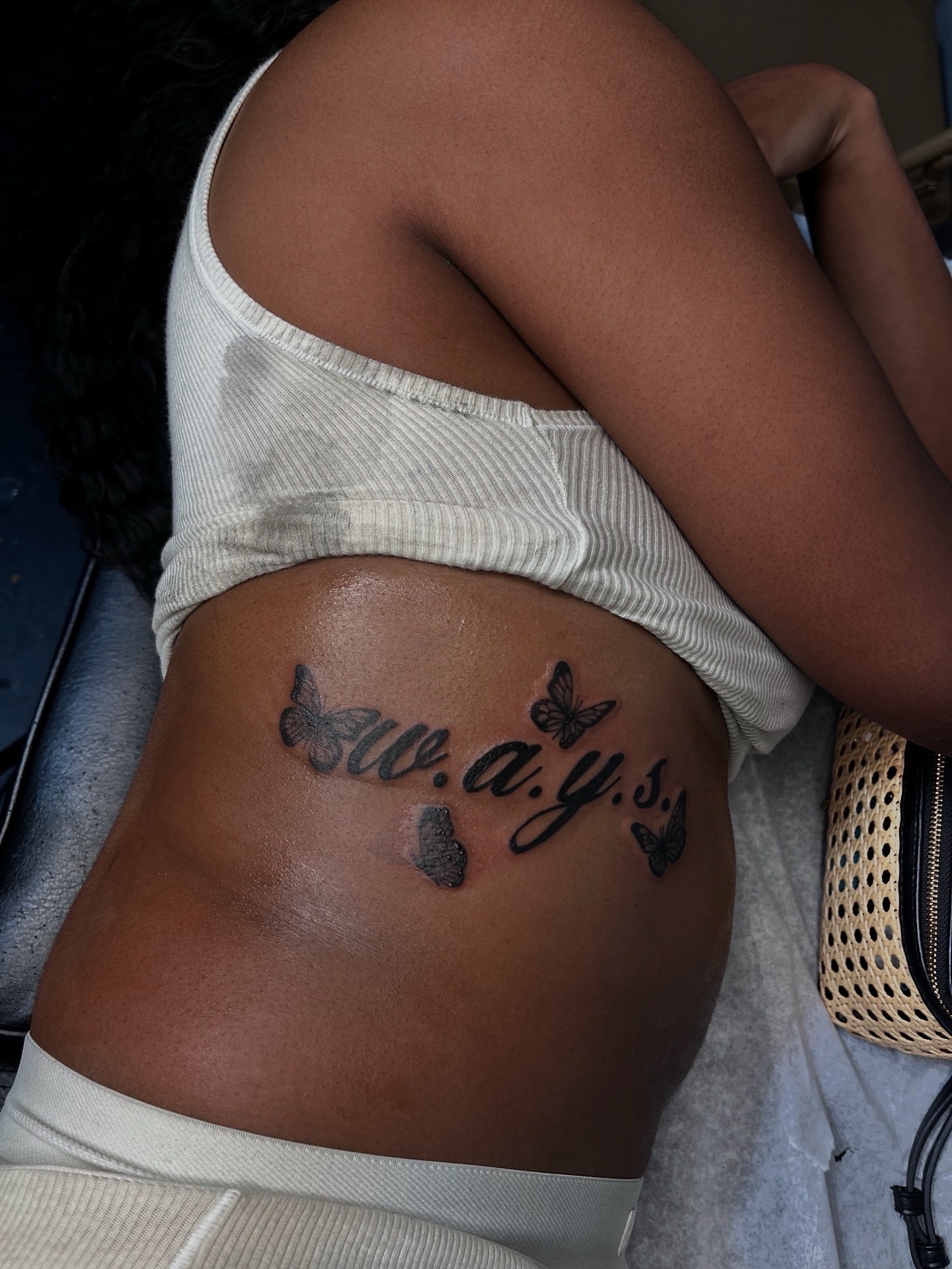 W.a.y.s lettering script tattoo on the torso by The inspo