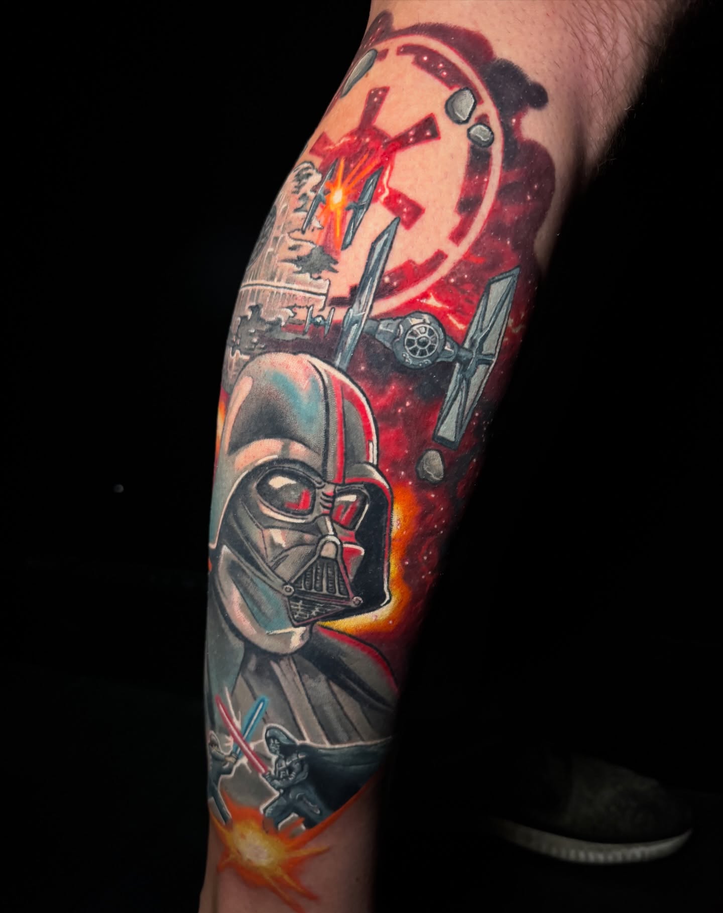Darth vader dark realism tattoo on the forearm by Dee Florian