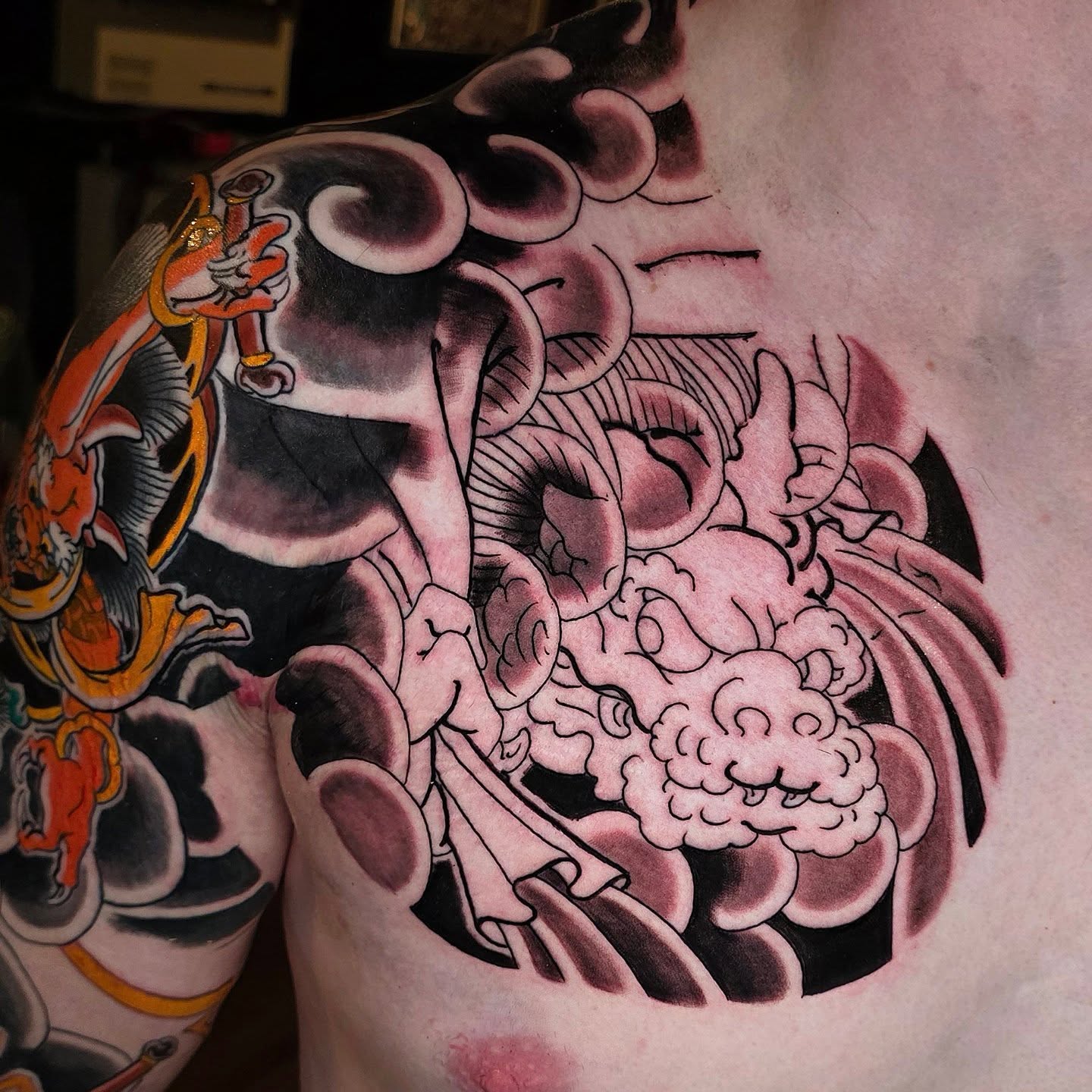 Mythical creature japanese irezumi tattoo on the shoulder by Frank Simanton
