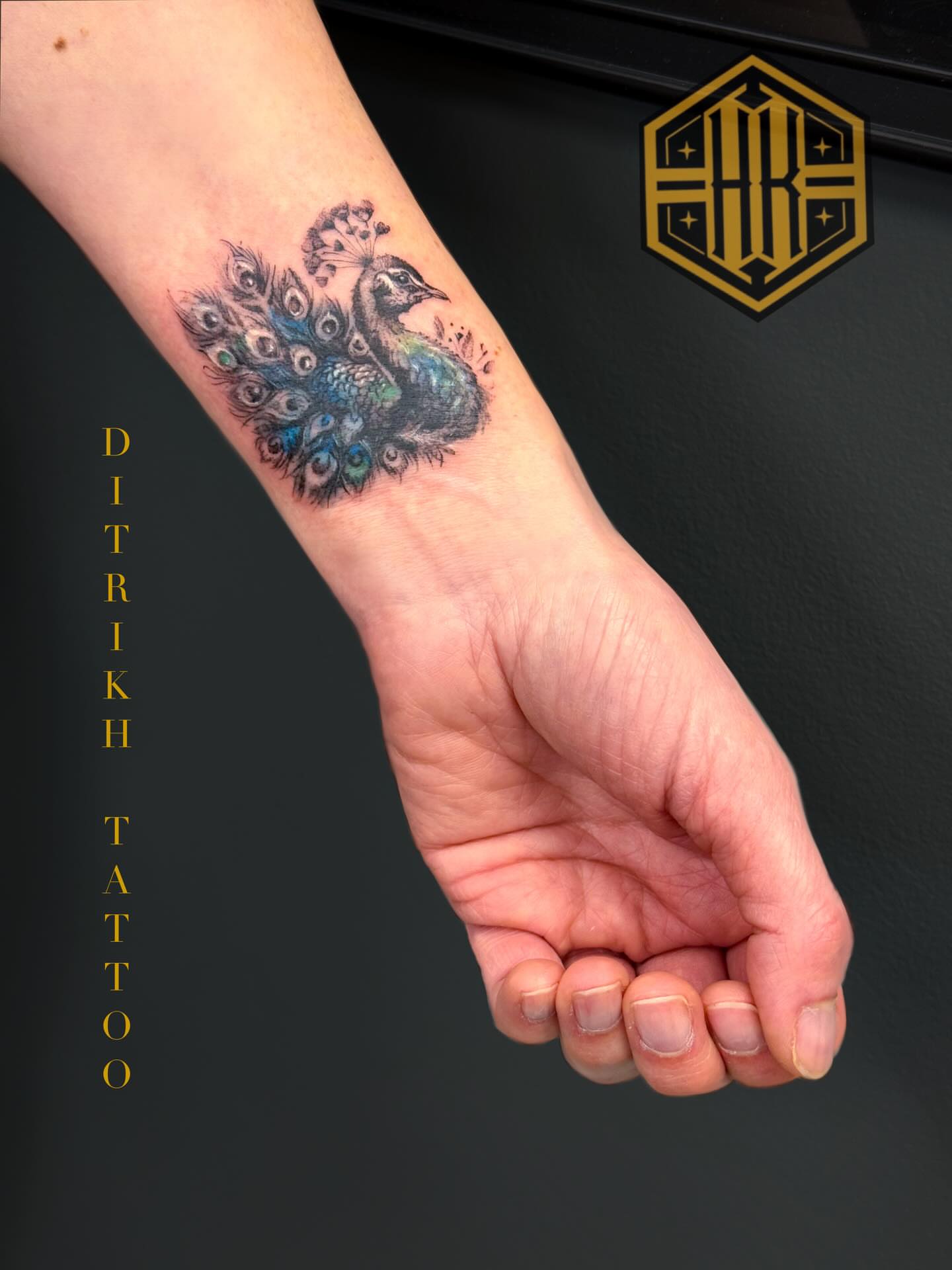 Peacock realism tattoo on the forearm by KET, Calgary, Alberta