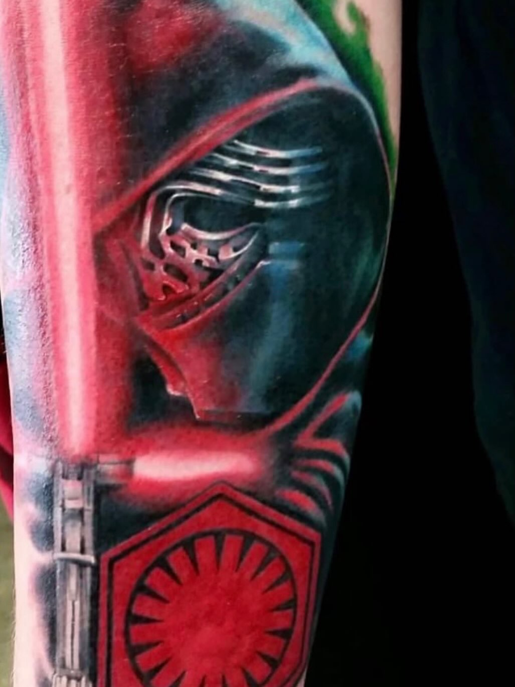 Kylo Ren helmet realism tattoo on the forearm by Alan
