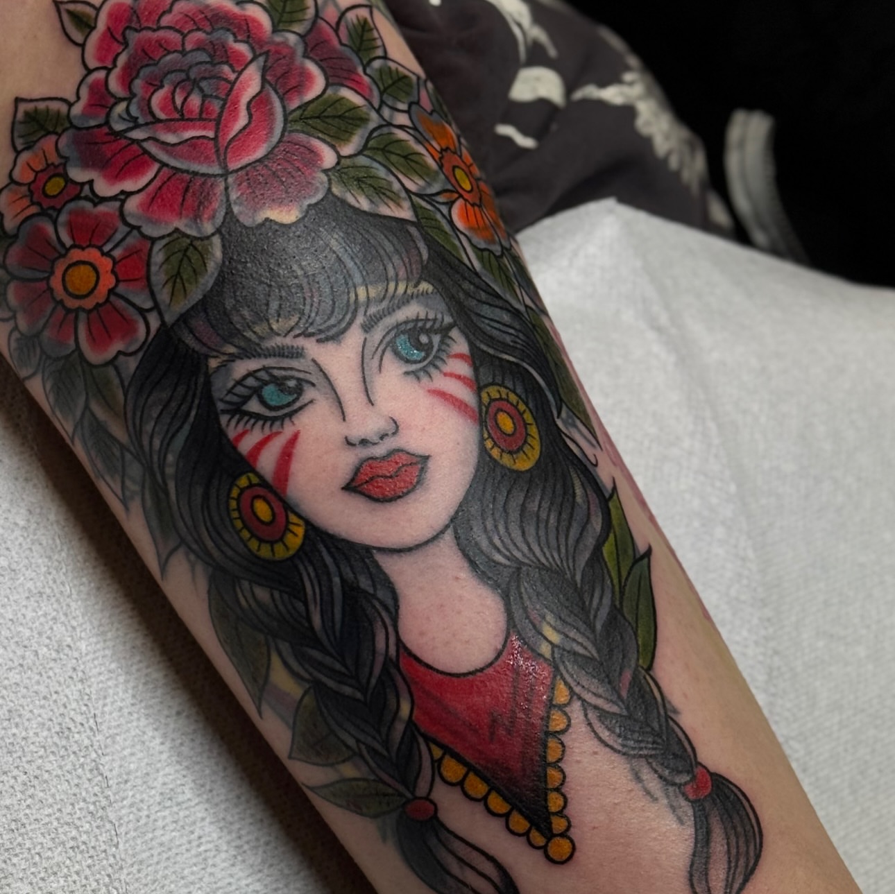 Woman with flowers American traditional tattoo on the forearm by ๐ช๐๐ก๐ก๐ฆ๐ข