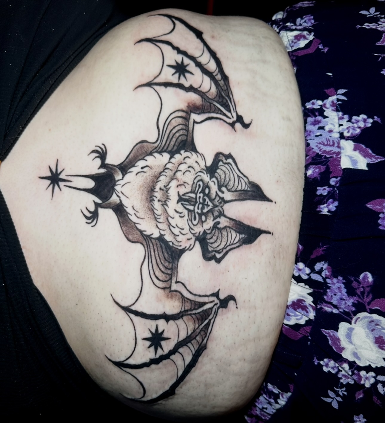 Peacock black and grey tattoo on the thigh by ⭐️Kelvira⭐️