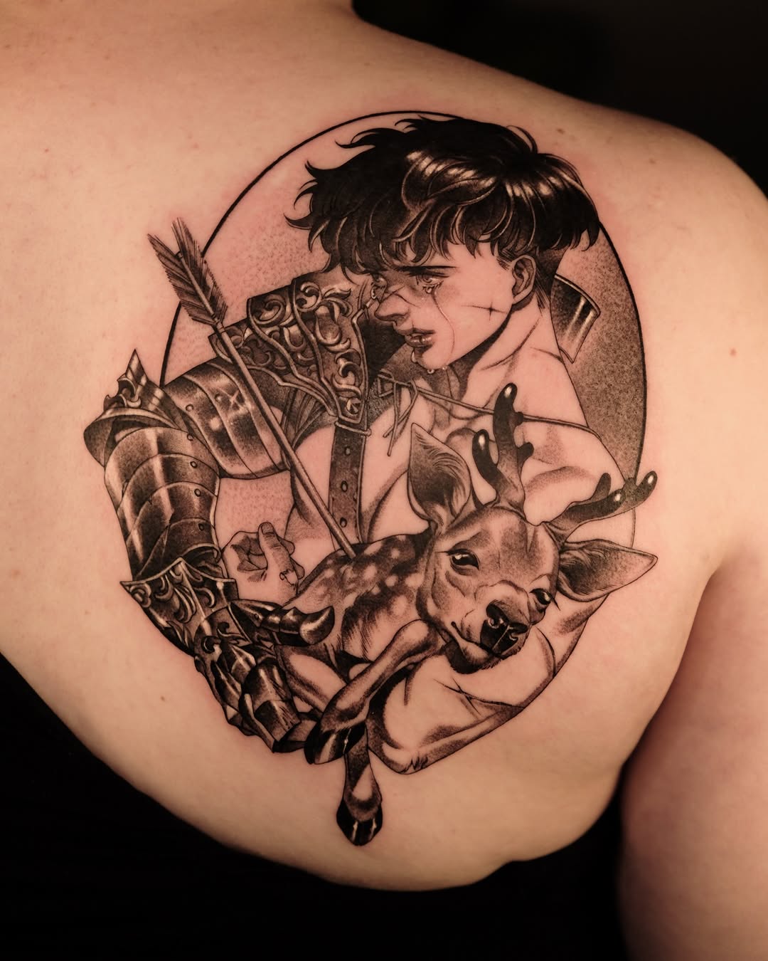 Knight holding a fawn realism tattoo on the back by Hemi 혜미타투