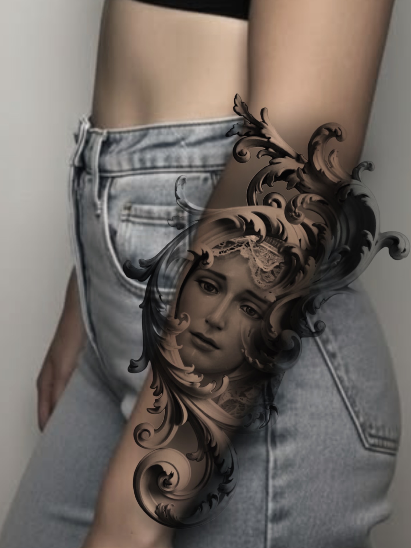 Woman's face realism tattoo on the thigh by AMU
