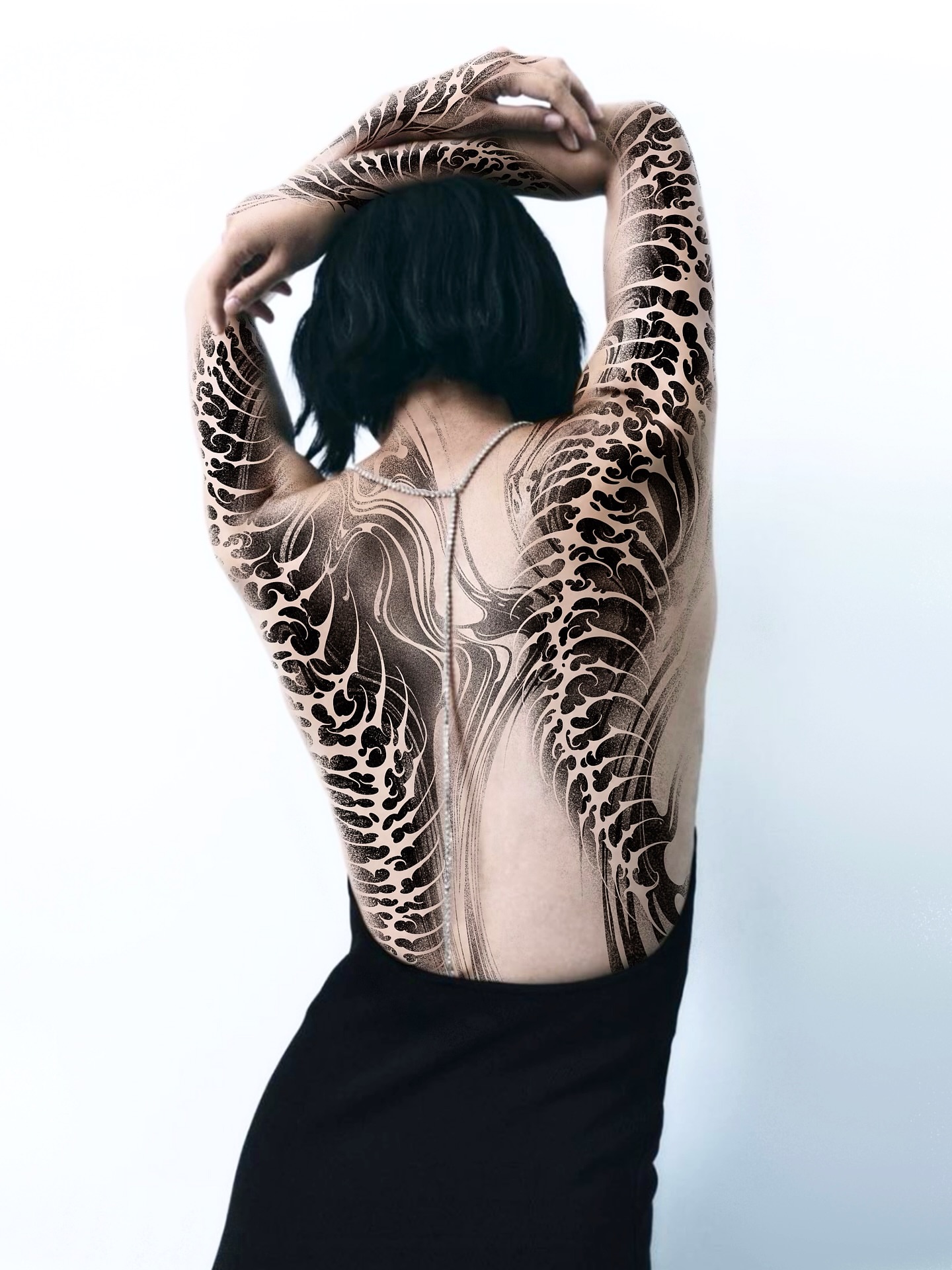 Floral pattern black and grey tattoo on the back by Vold