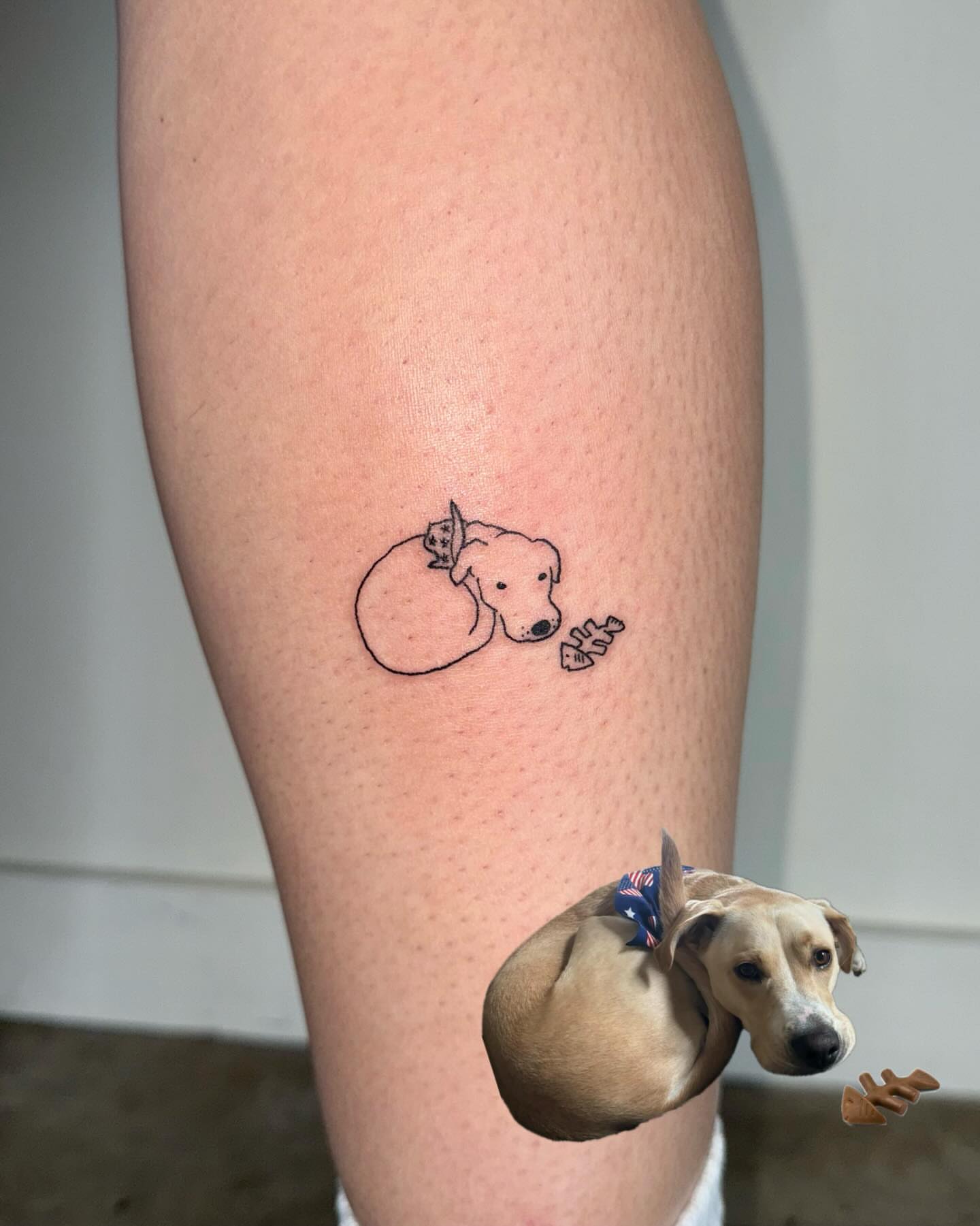 Dog minimalist tattoo on the leg by 림구타투