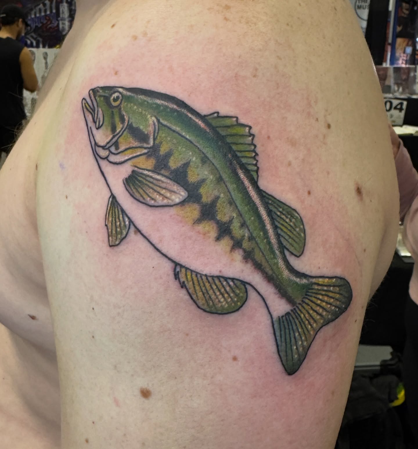 Largemouth bass realism tattoo on the shoulder by Joel Smith, Manhattan, Kansas