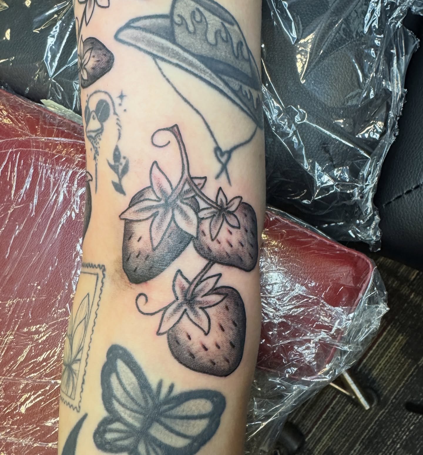 Strawberries and butterfly black and grey tattoo on the forearm by Joel Smith, Manhattan, Kansas