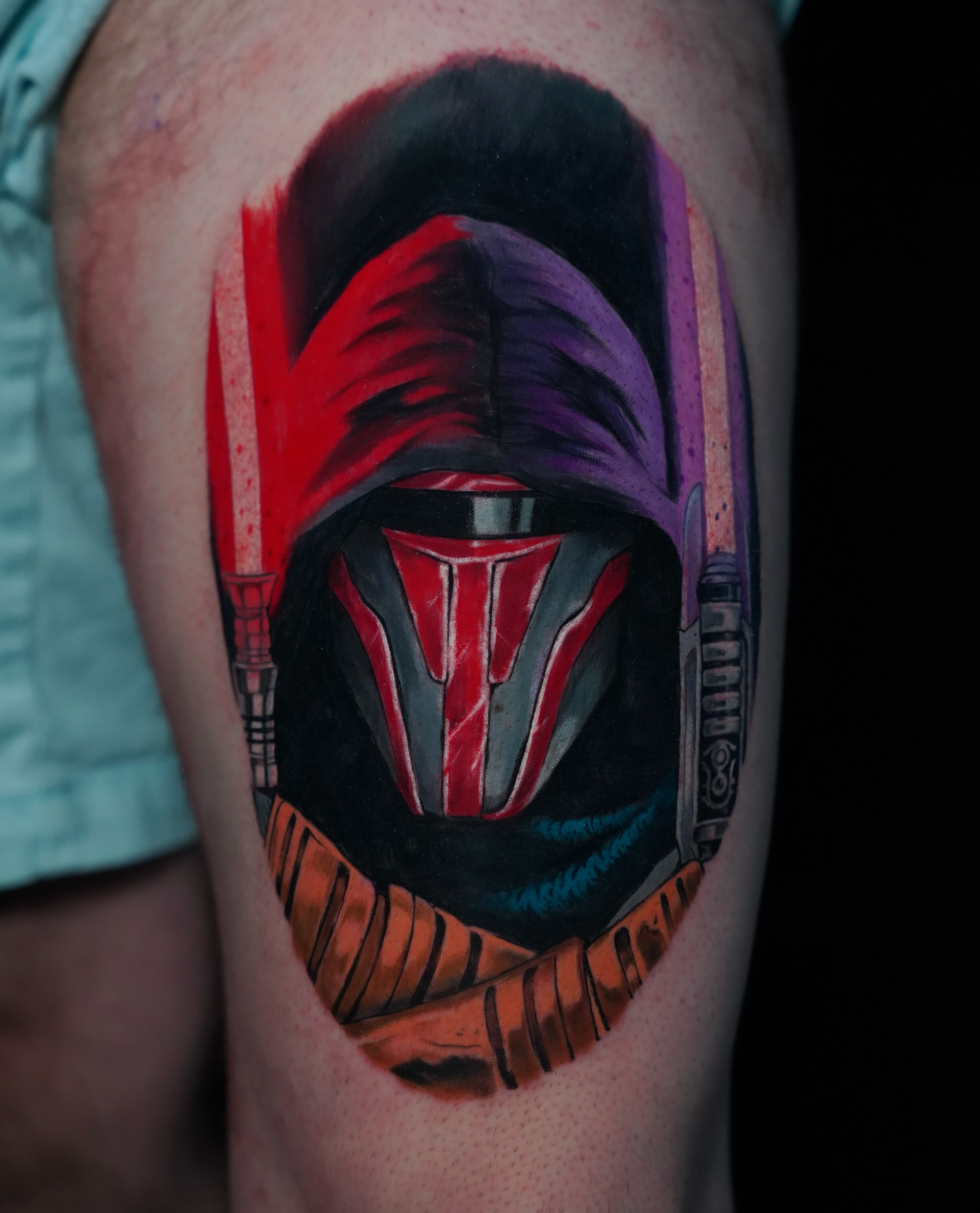 Mandalorian helmet realism tattoo on the forearm by Derek Foferek, Charlotte, North Carolina