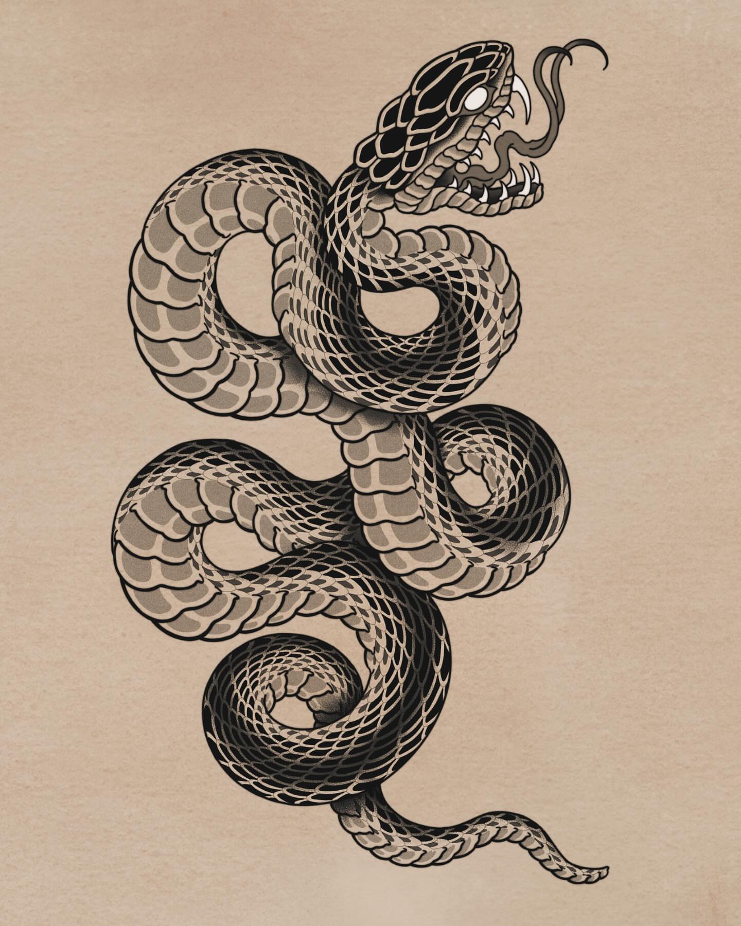 Snake black and grey tattoo by Lucas Naganuma