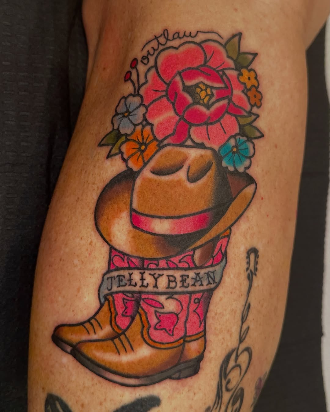 Tattoo by @outlawjellybean — american_traditional, lettering_script