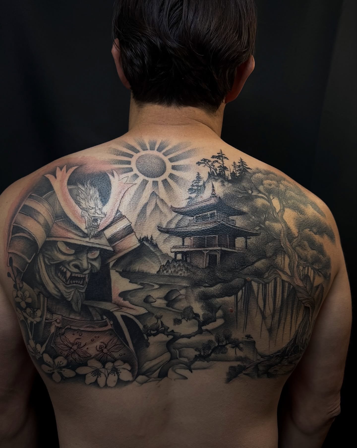 Samurai and landscape japanese irezumi tattoo on the back by Mo Dinero🎰