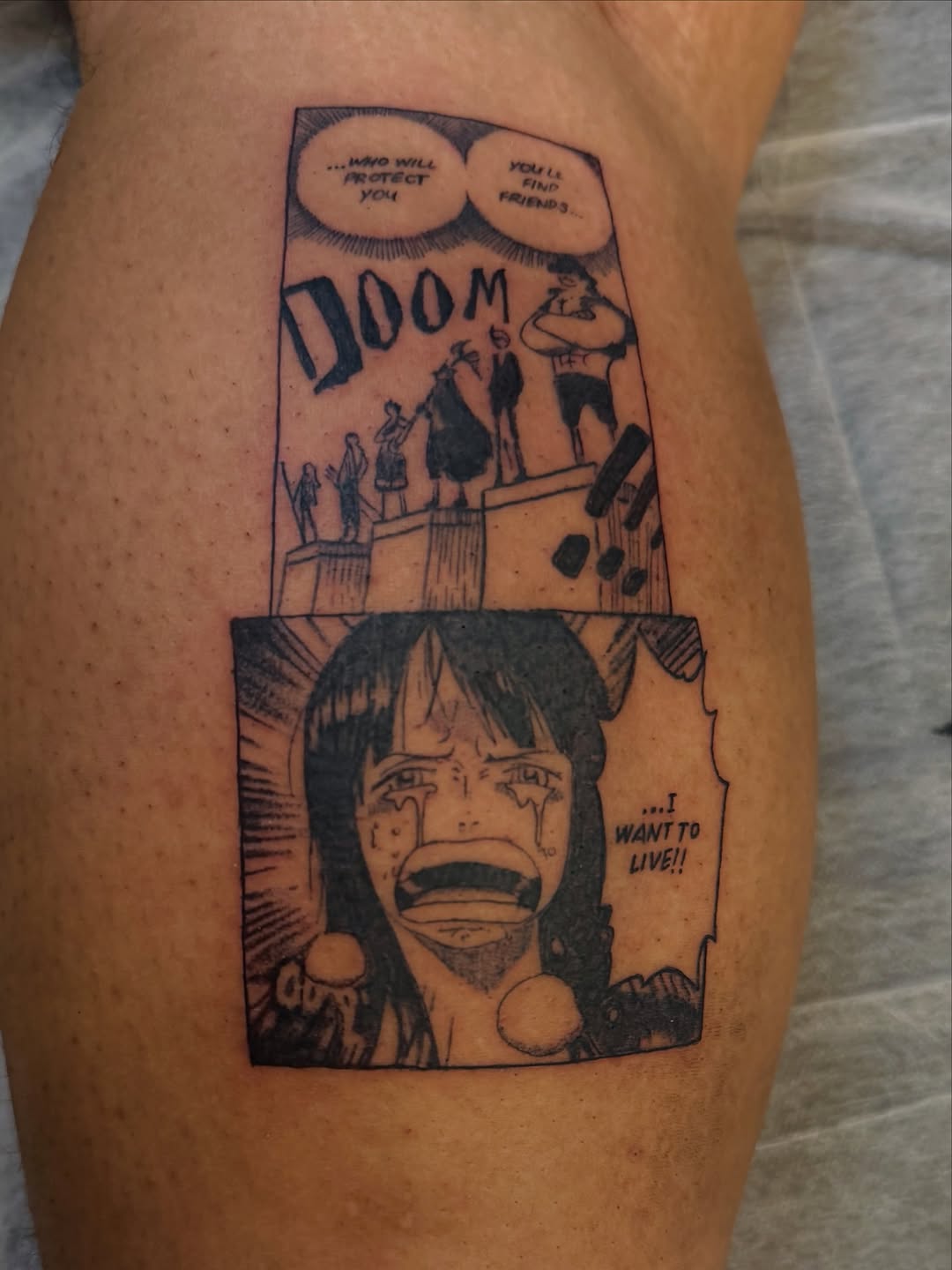 Tattoo by @tofuskintattoo — anime, black_and_grey