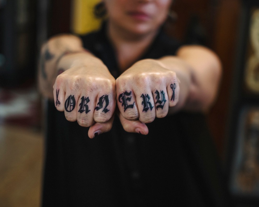 Lettering lettering script tattoo on the hand by Dan Gilsdorf, Portland, Oregon