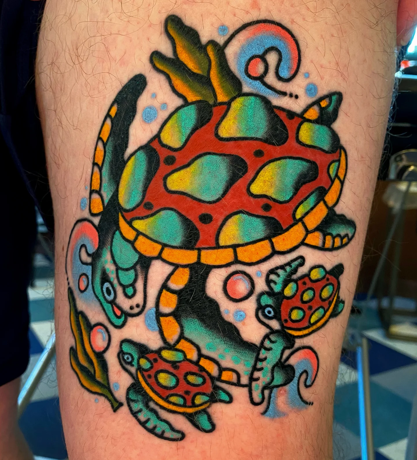Sea turtle American traditional tattoo on the forearm by Quinn, Kansas City, Missouri