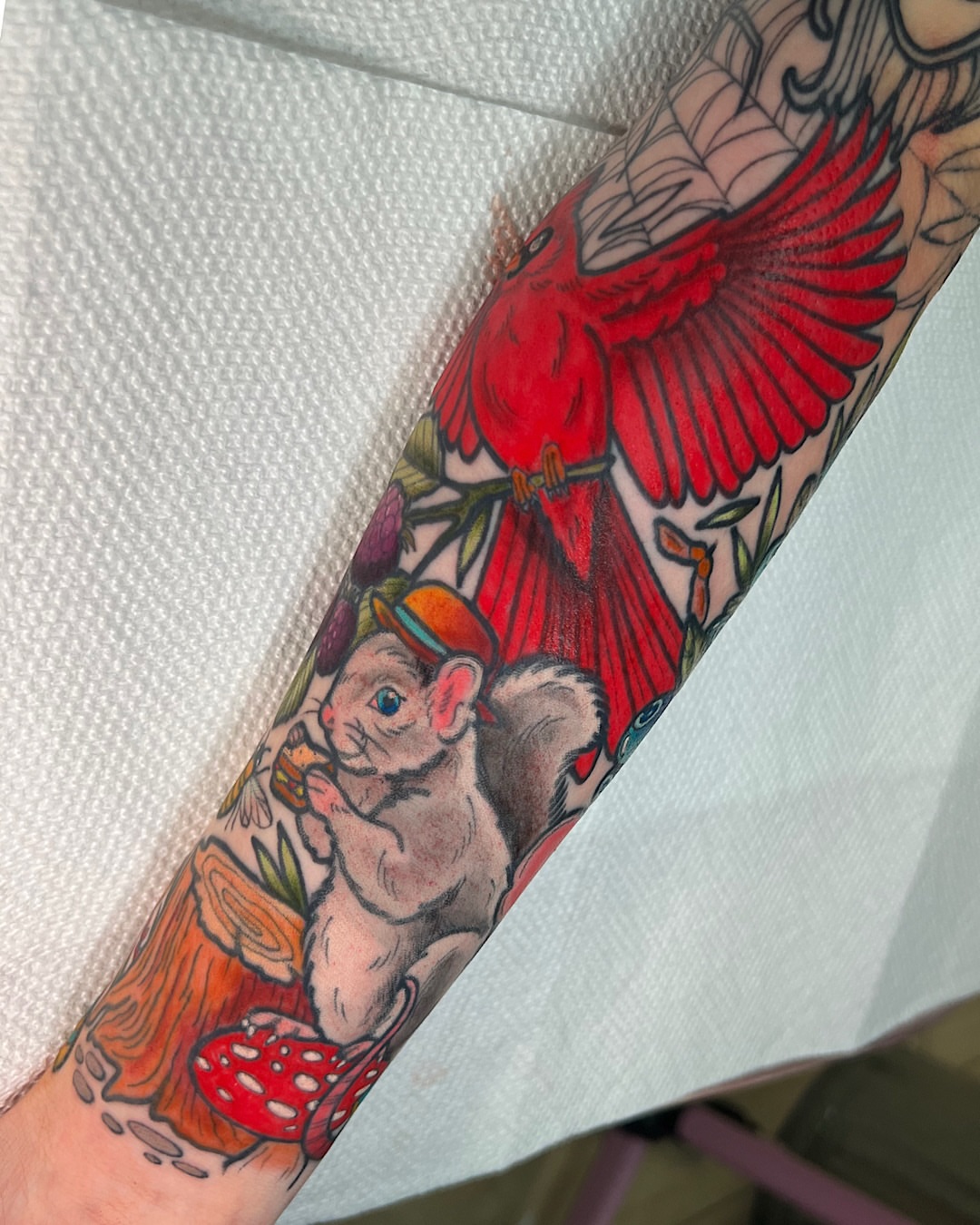 Gnome and cardinal American traditional tattoo on the forearm by @shannonkeeleyy