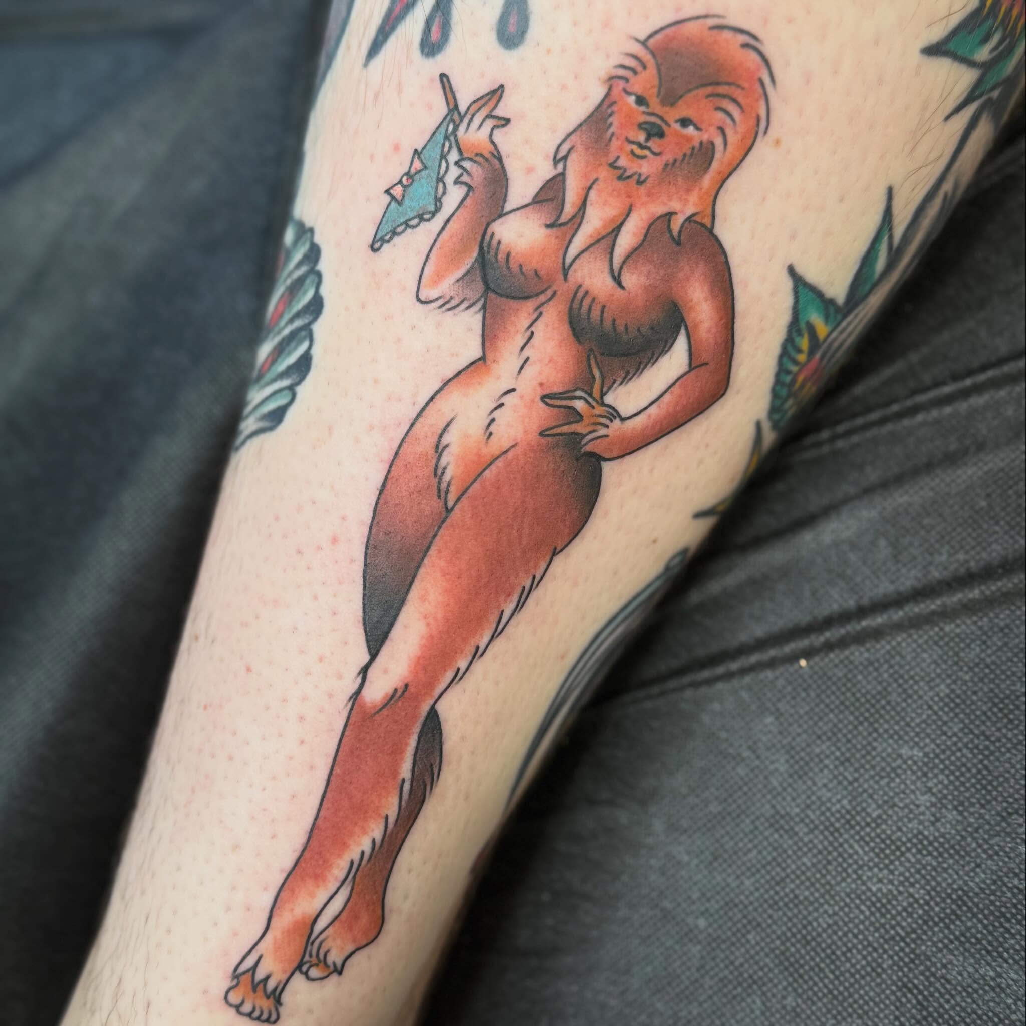 Fox woman American traditional tattoo on the forearm by Chase Martines