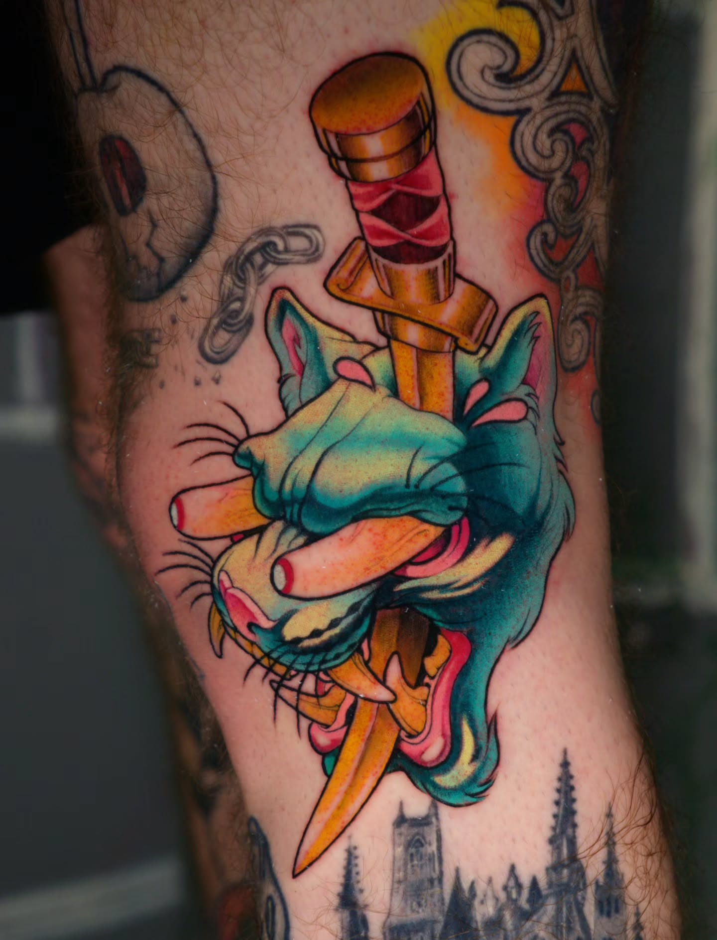 Cat American traditional tattoo on the forearm by Justin Byrd, Kansas City, Missouri