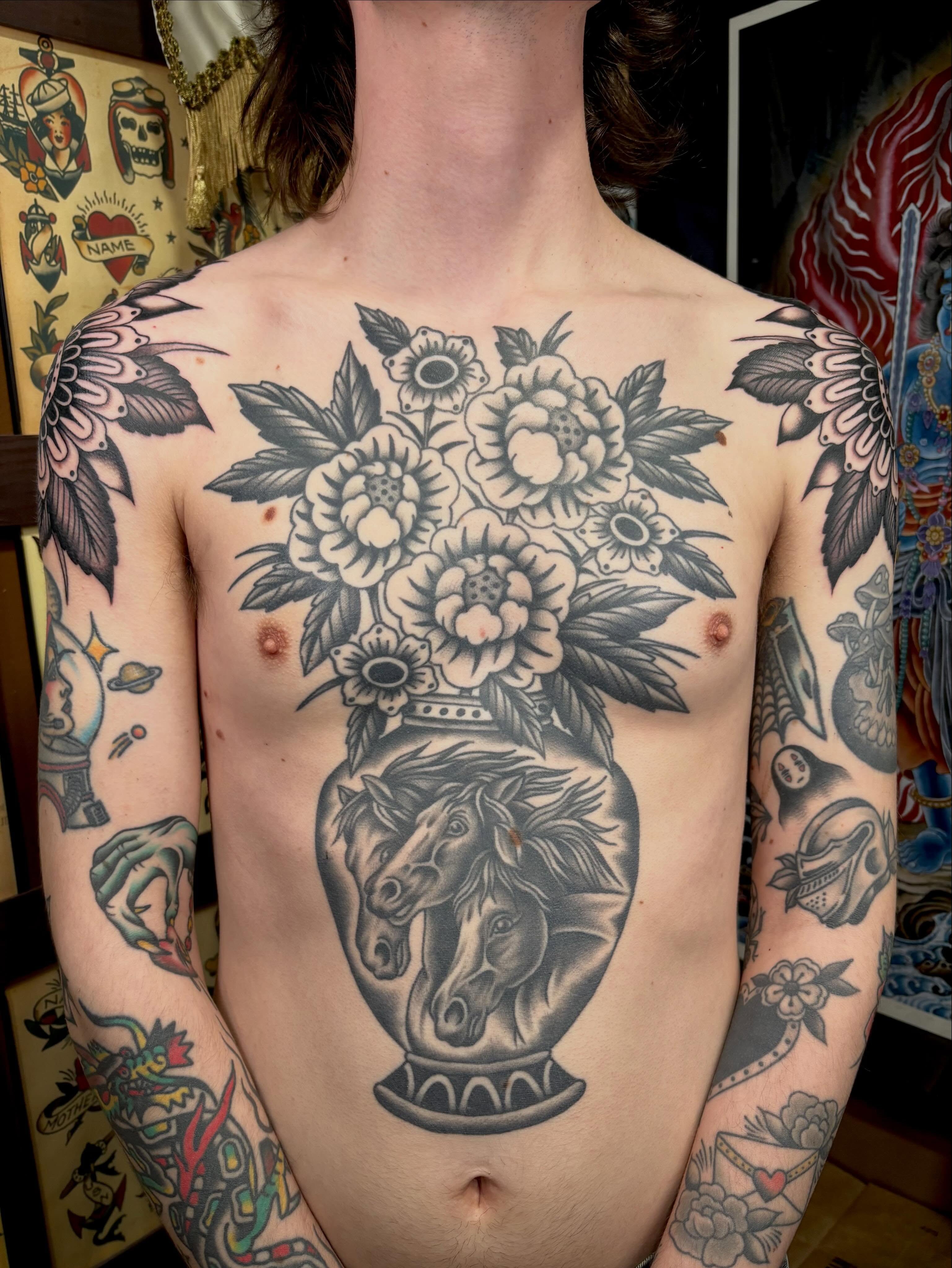 Flowers in vase with horses American traditional tattoo on the chest by sally ★ lee