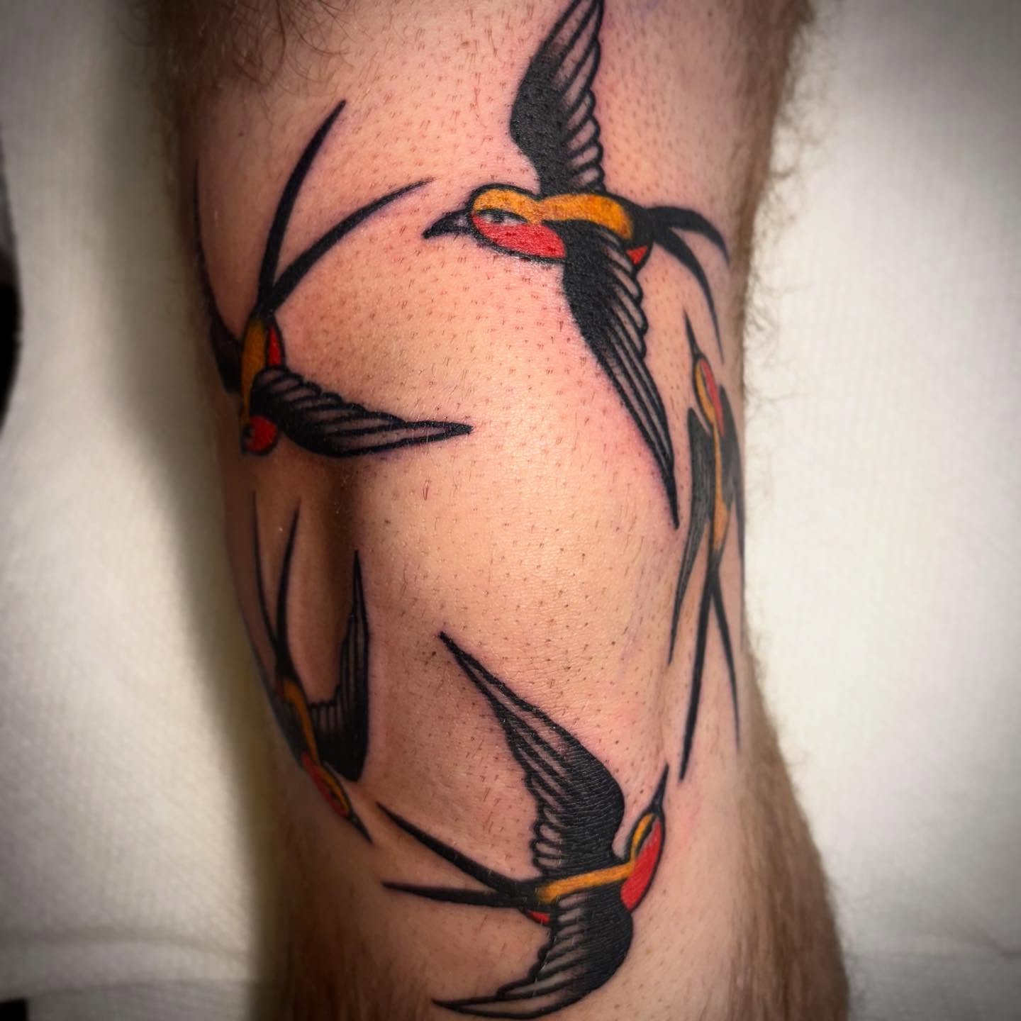 Swallows American traditional tattoo on the forearm by Danny DiBlasi, San Francisco, California