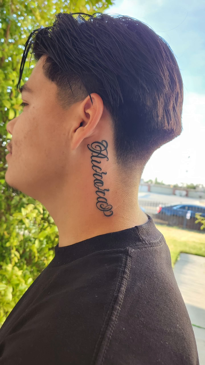 Script tattoo on neck lettering tattoo on the neck by @youxg_guxxz