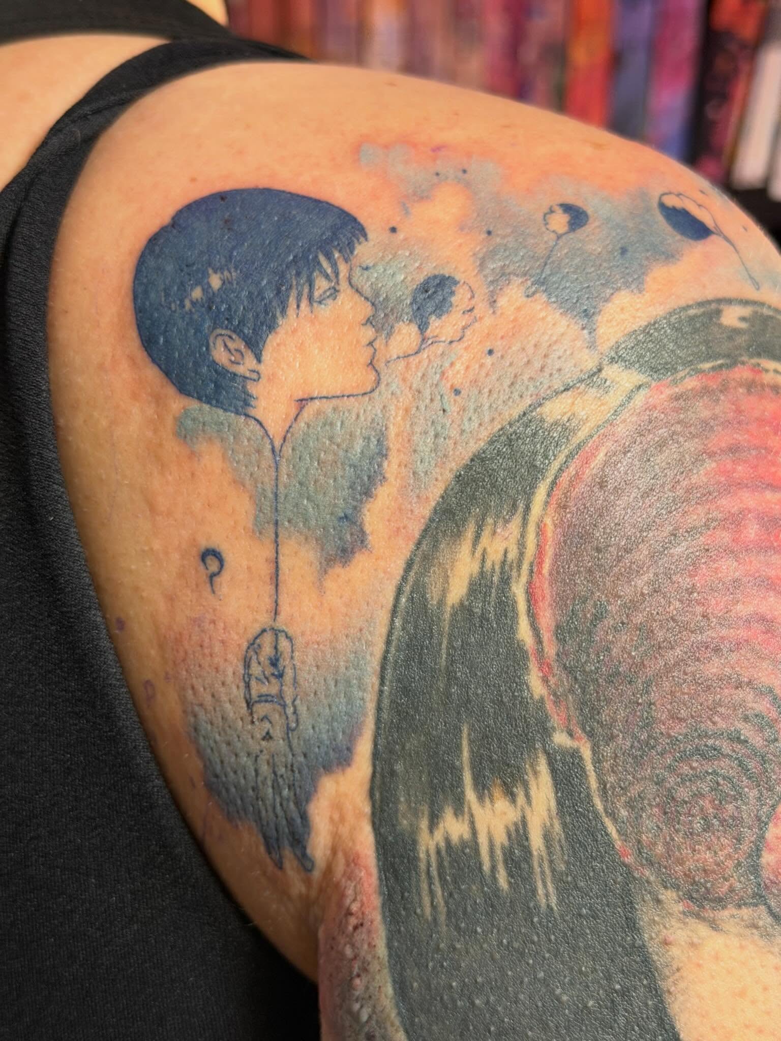 Tattoo by @aarondoestattoos — anime, watercolor