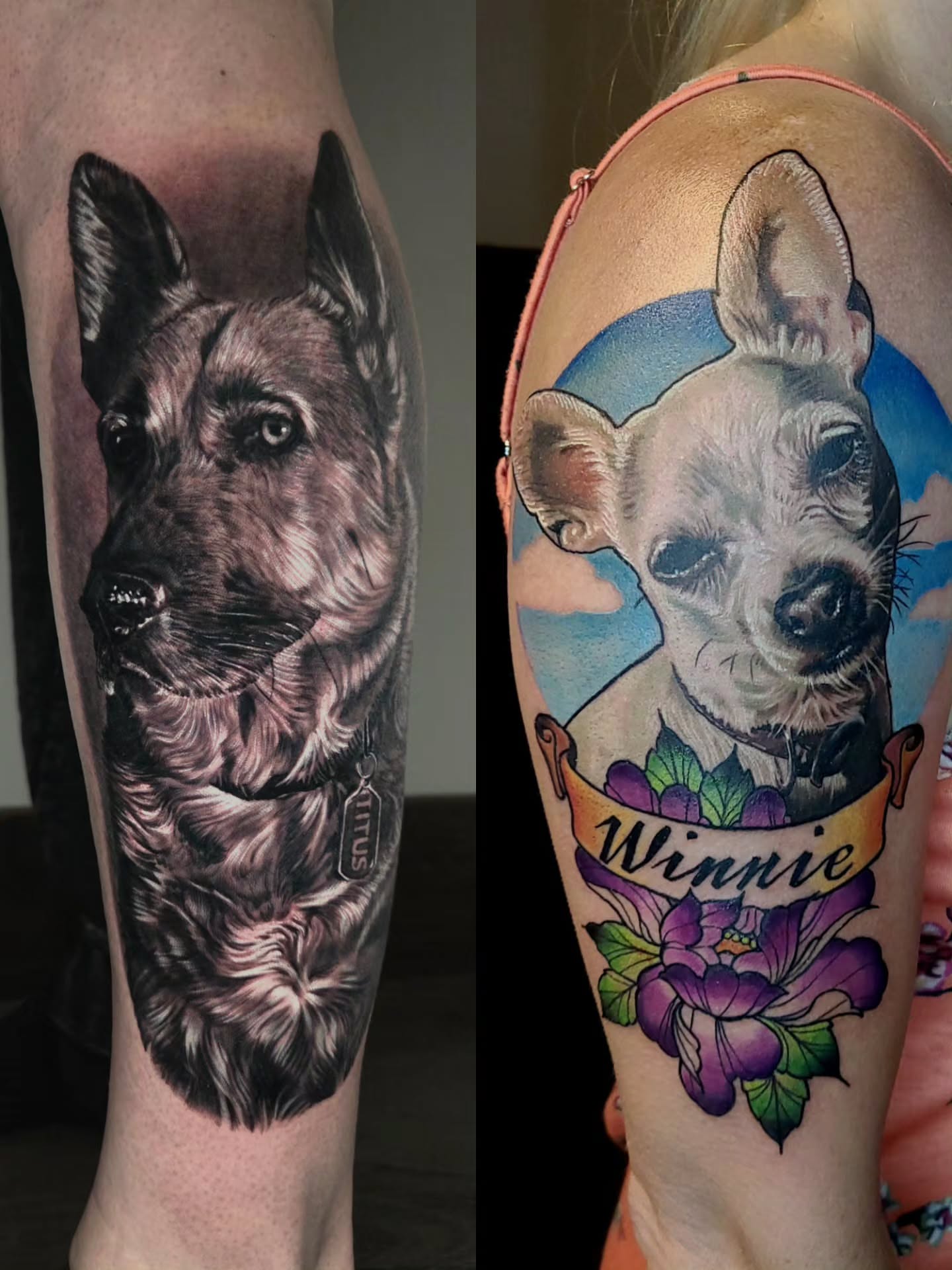 Dog portrait realism tattoo on the forearm by Preston