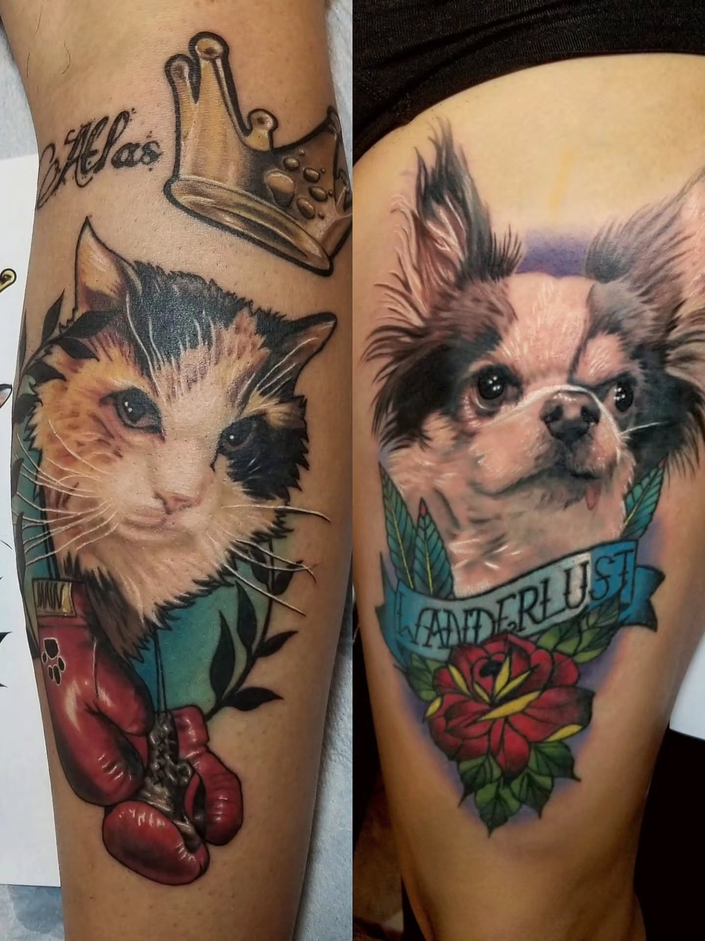 Cat and dog American traditional tattoo on the thigh by Preston