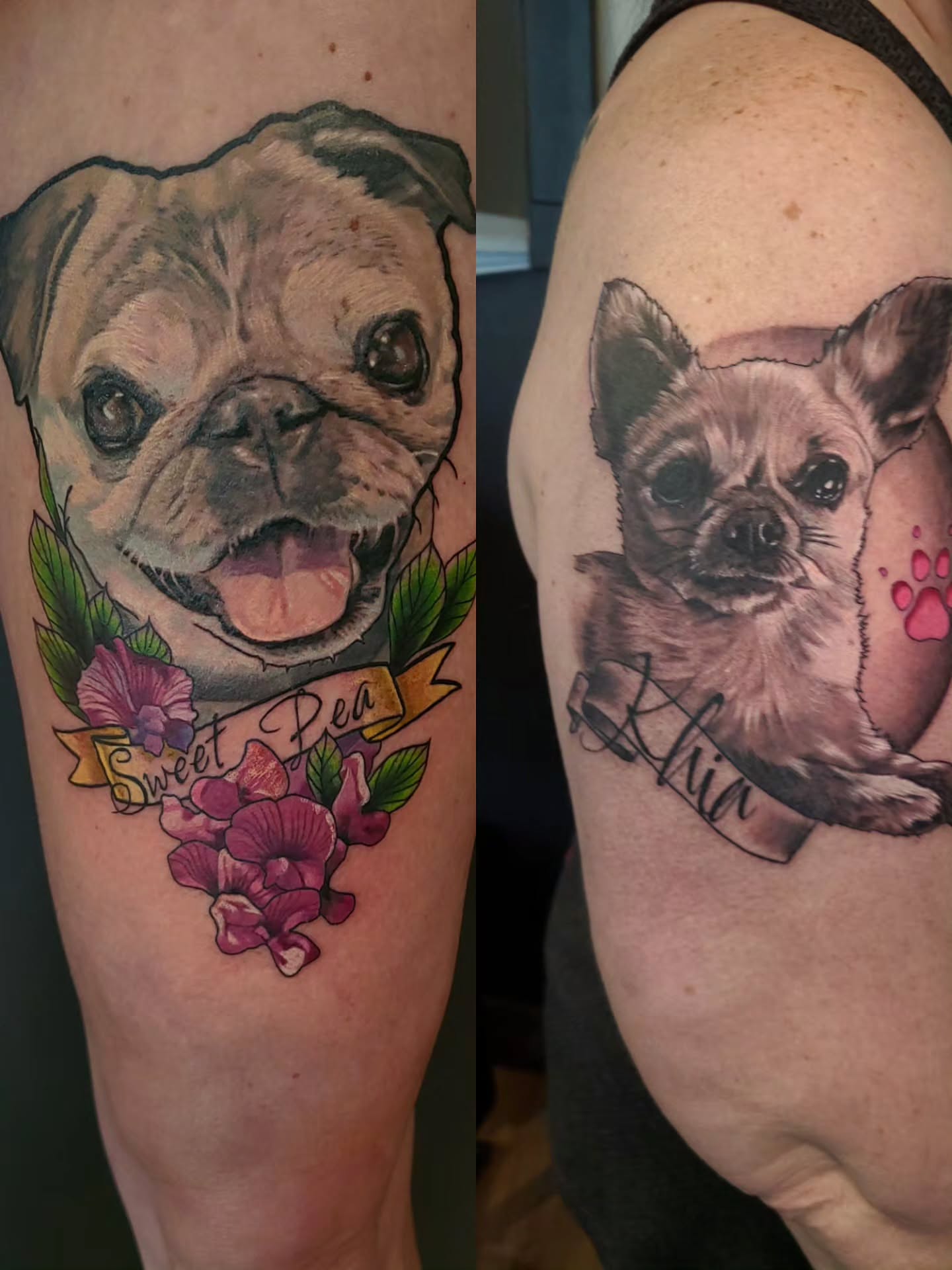 Dog portraits realism tattoo on the upper arm by Preston