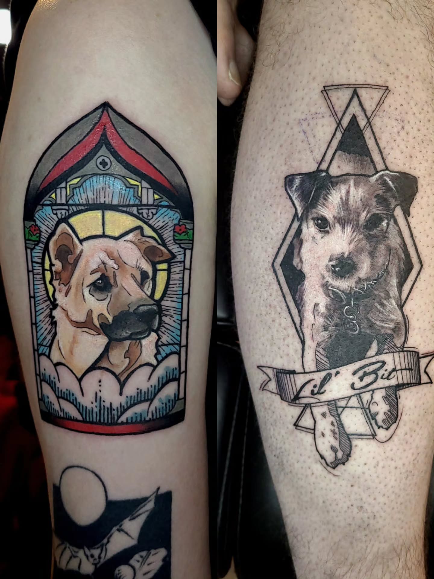 Stained glass window American traditional tattoo on the thigh by Preston