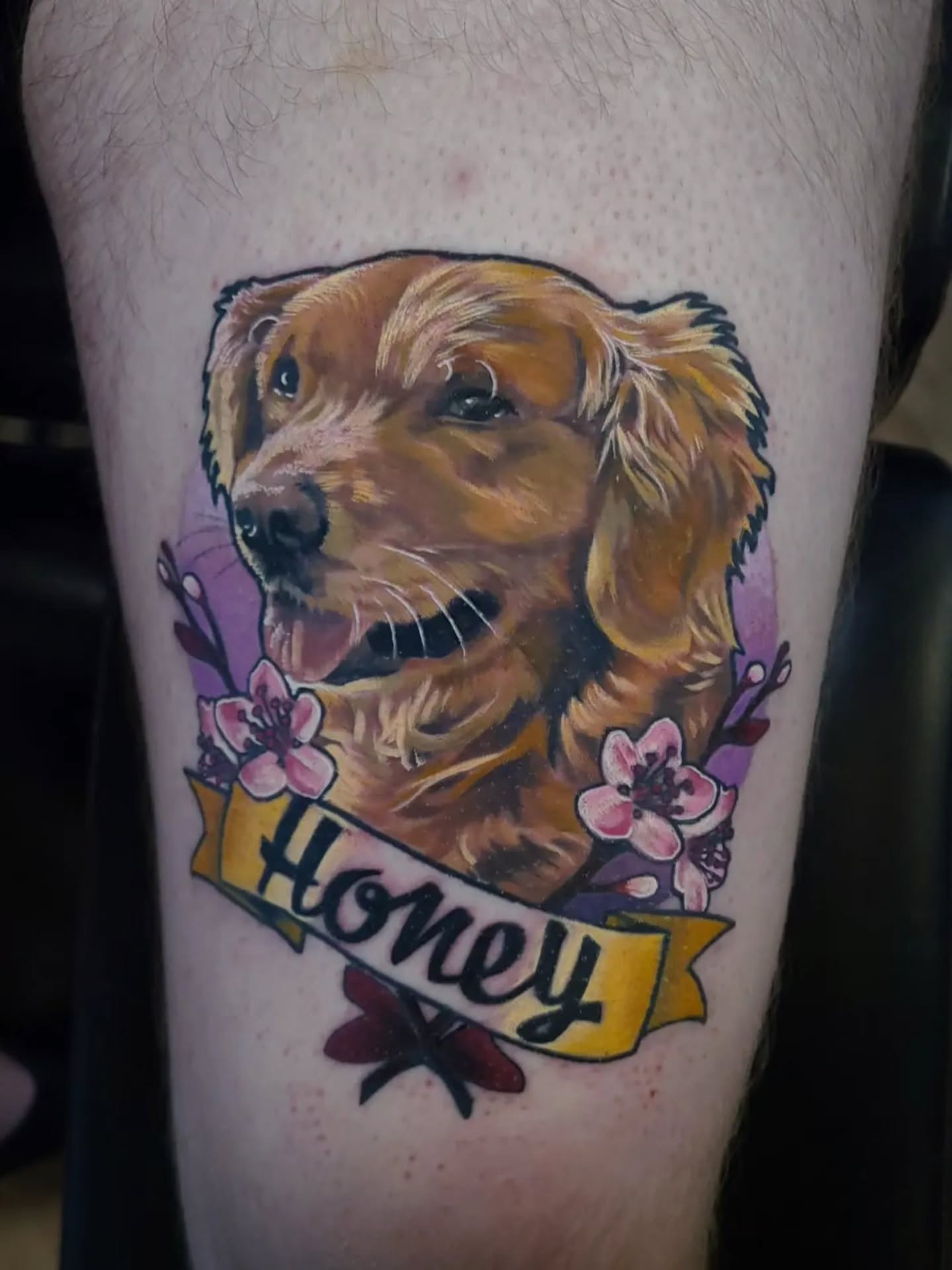 Dog portrait realism tattoo on the forearm by Preston