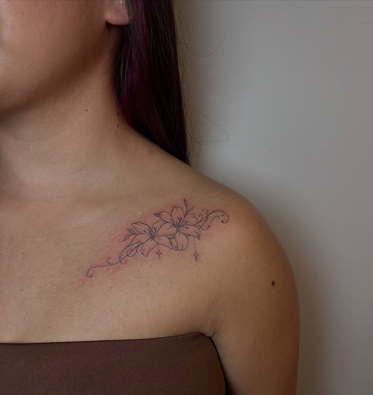 Floral design fine line tattoo on the shoulder by brinley - fine line tattoos, Crescent Springs, Kentucky