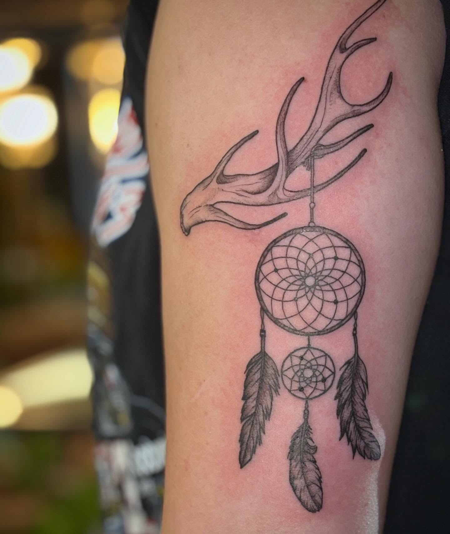 Deer antlers and dreamcatcher geometric tattoo on the forearm by Rye⚡️🎱🍒🐆🖤