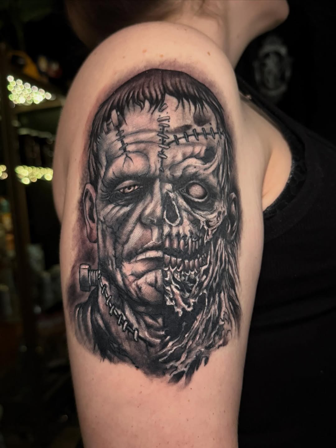 Frankenstein's monster portrait realism tattoo on the shoulder by Lucky Valenzuela, Lakewood, Colorado