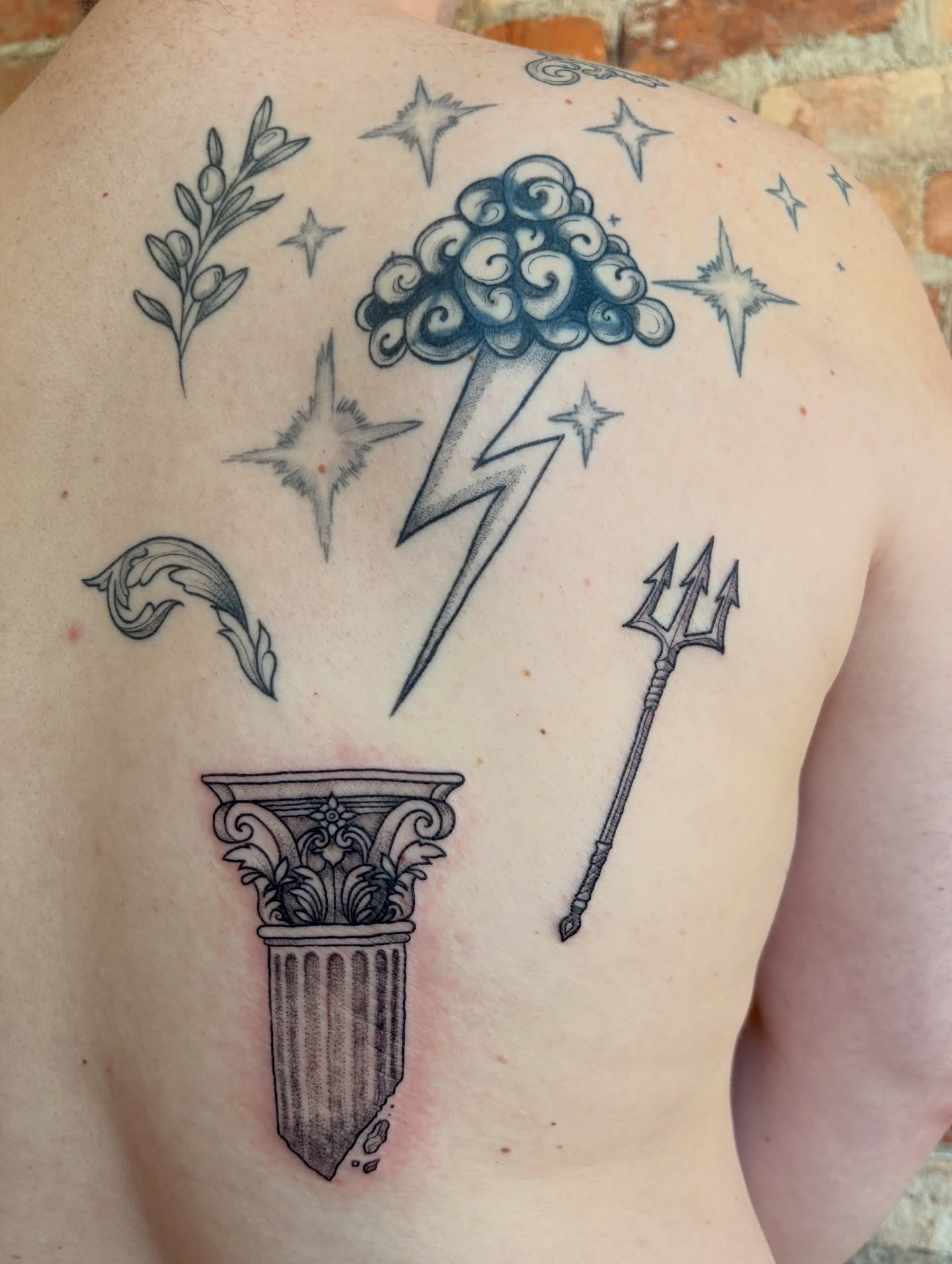 Mythological symbols black and grey tattoo on the shoulder by Jen Osborne ♡ Cincinnati Tattoo Artist