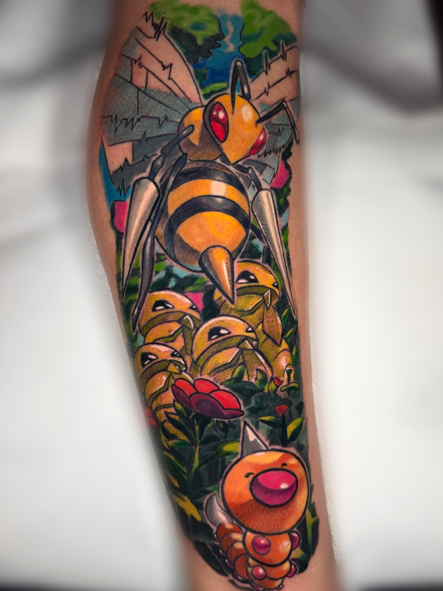 Bee and flowers American traditional tattoo on the forearm by David Carras-pol, Miramar, Florida