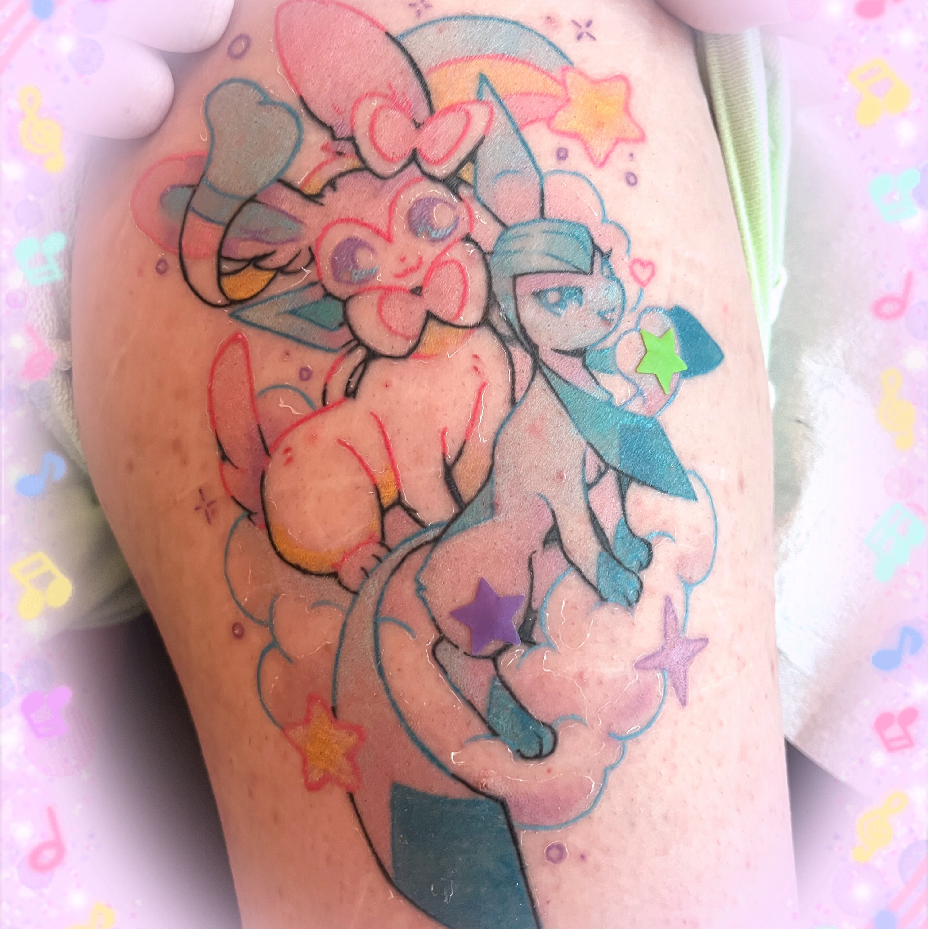 Two Pokémon characters anime tattoo on the thigh by 𝖍𝖔𝖚𝖗𝖓𝖔𝖔𝖓