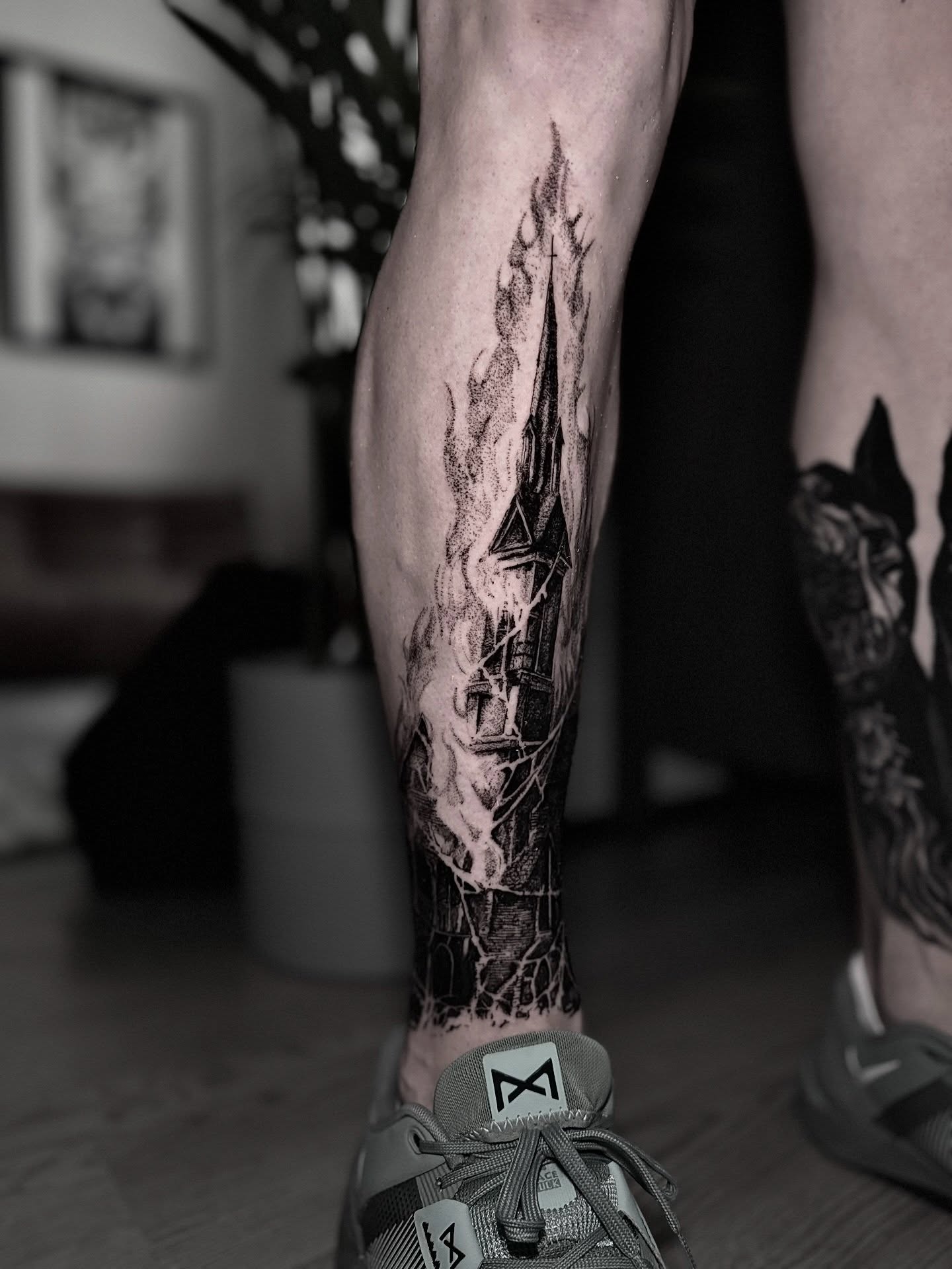 Castle dotwork tattoo on the calf by Bwk Dark Art