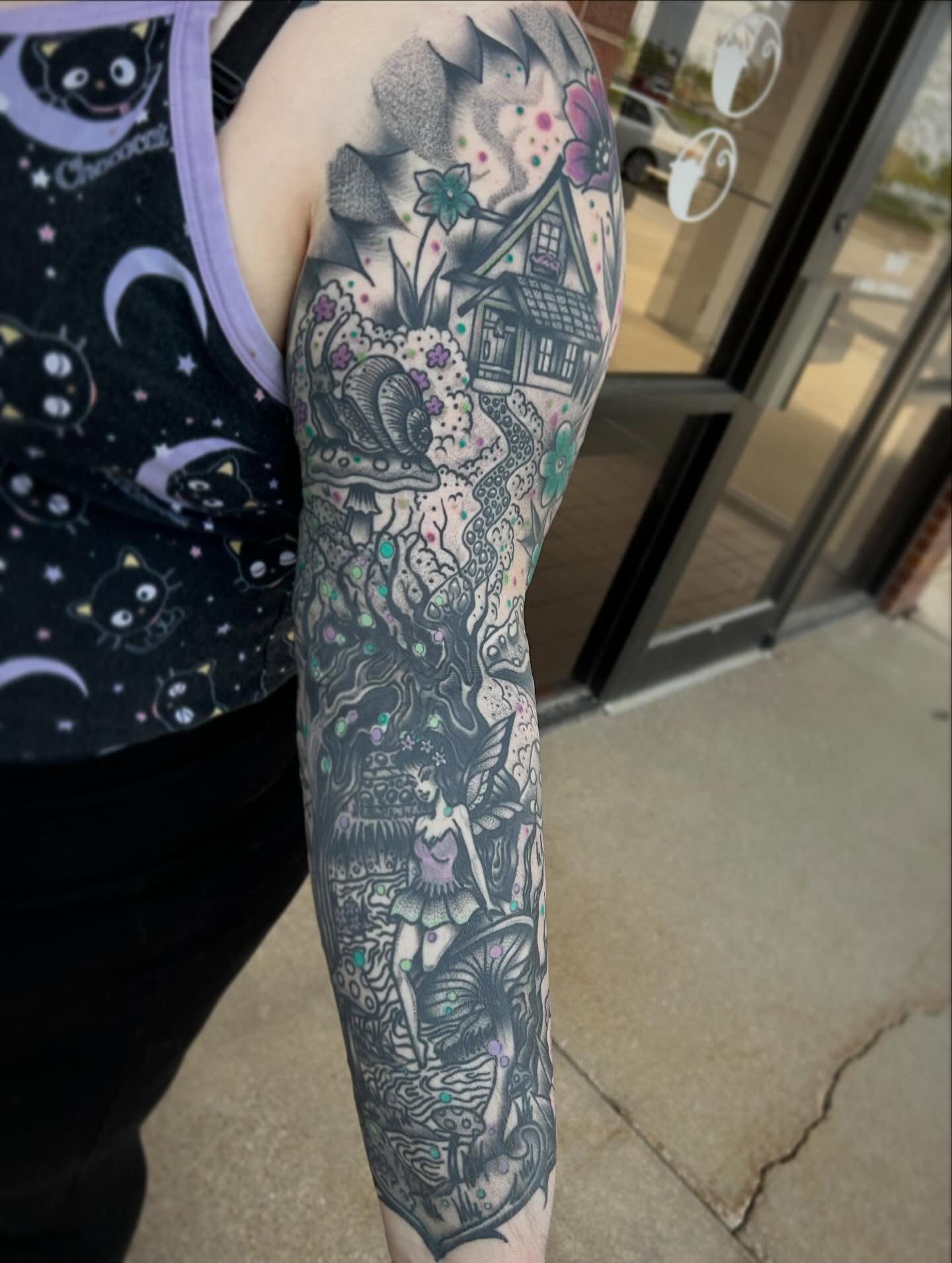 House and garden black and grey tattoo on the forearm by Morgan Hazer Tattoos, Cedar Rapids, Iowa