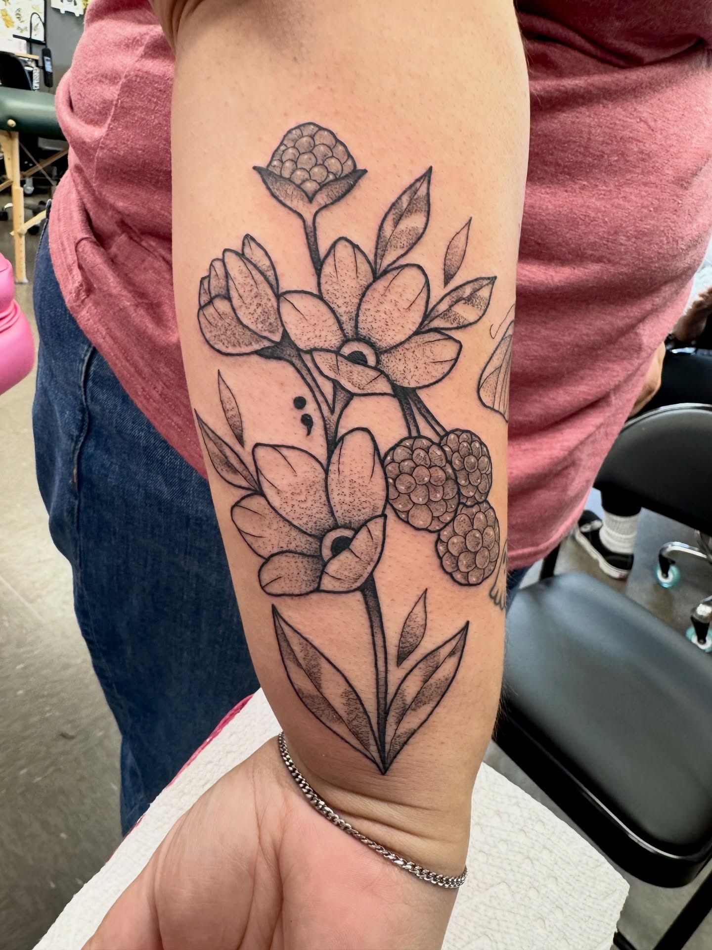 Floral arrangement dotwork tattoo on the forearm by Samantha Jane