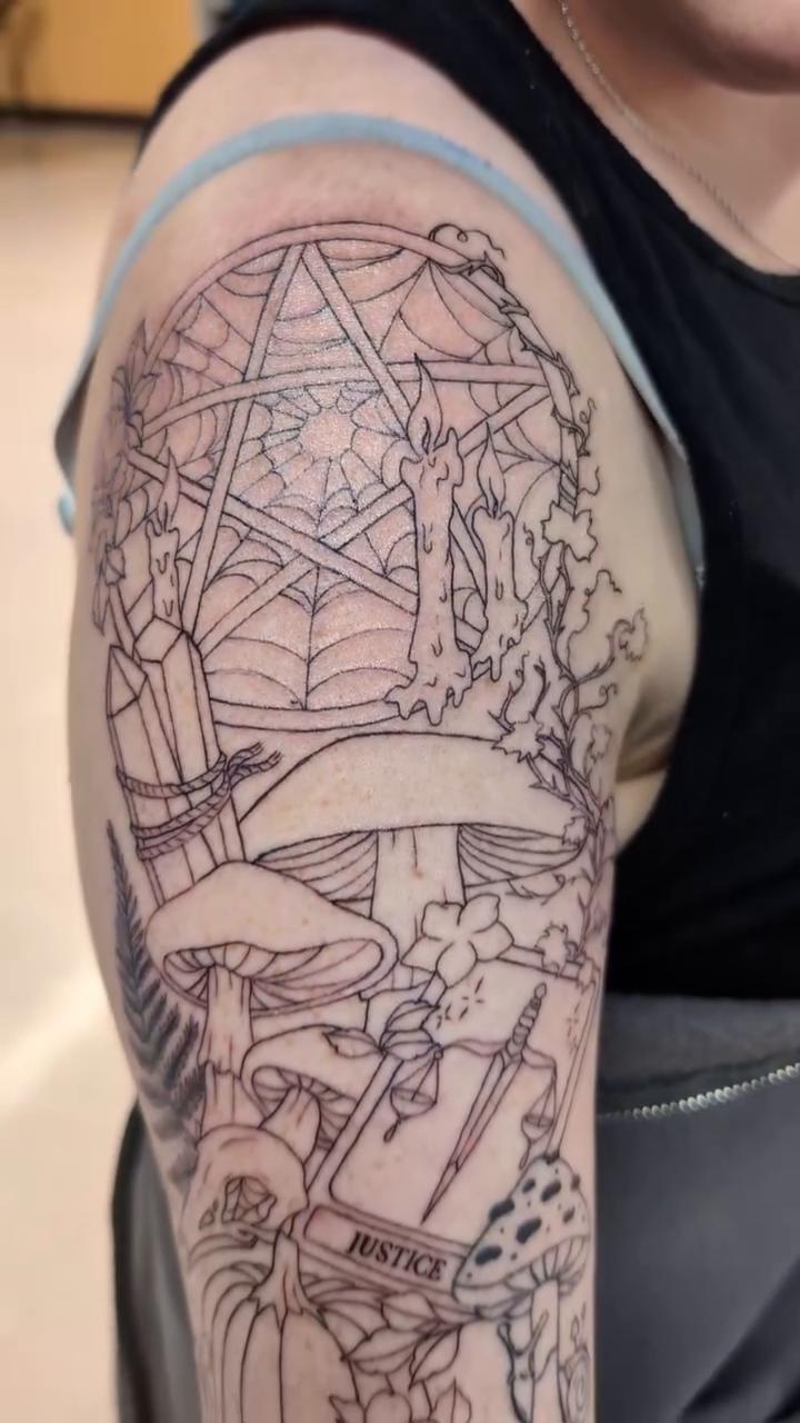Gothic nature scene with tarot card sketch tattoo on the forearm by Rhiannon