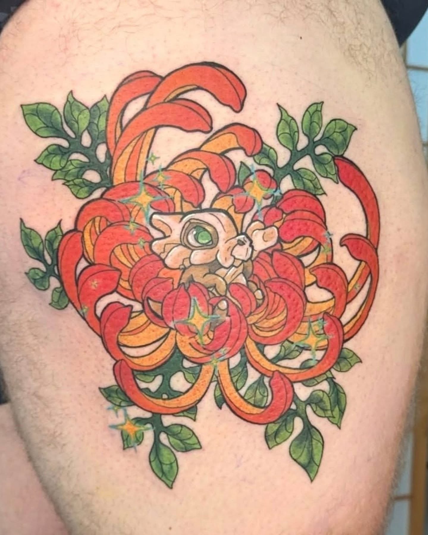Floral heart new school tattoo on the thigh by Nico Capriotti ๐ณ๏ธโ๐